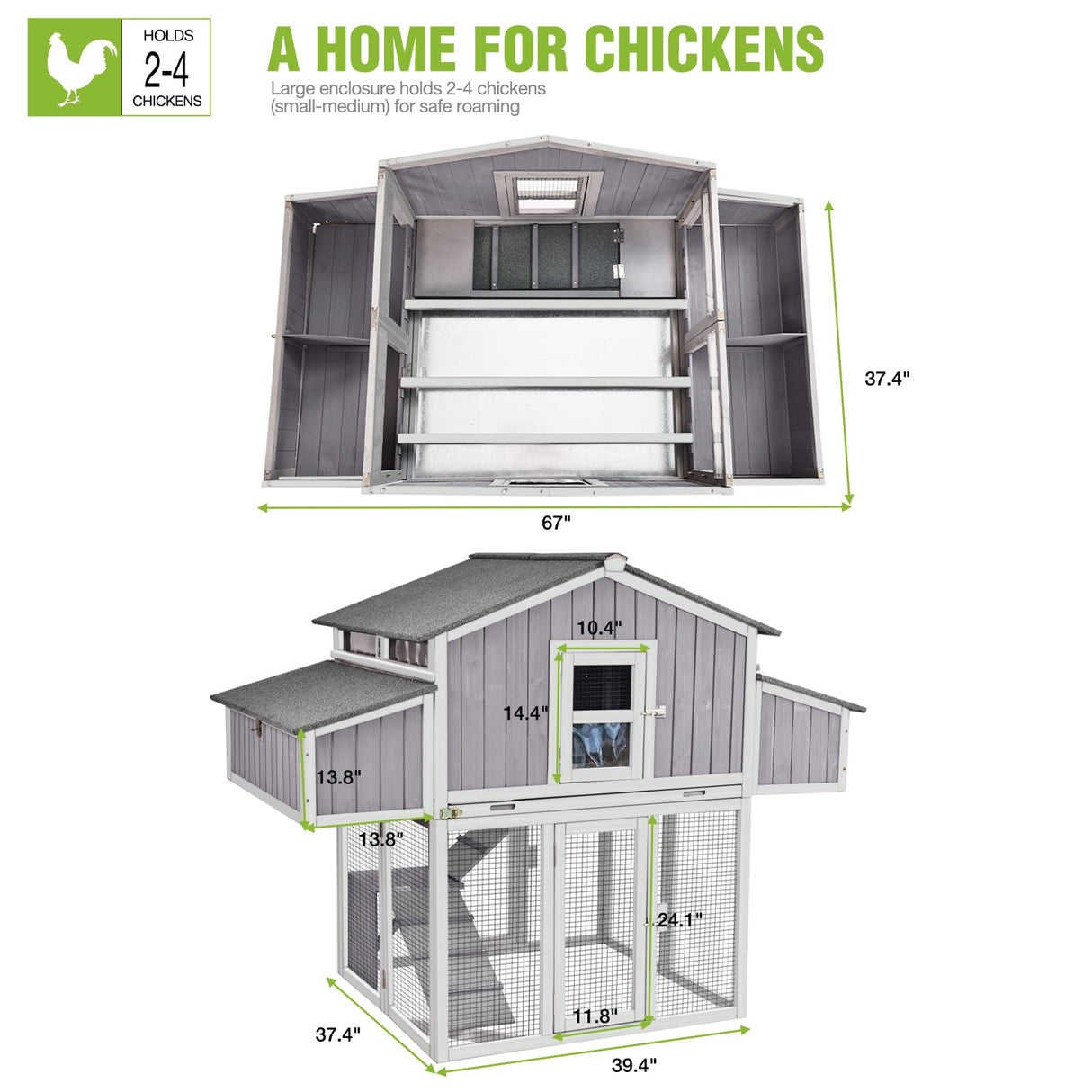 GUTINNEEN Foldable Chicken Coop Super Easy to Assemble Large Hen House Wooden Poultry Cage with Nesting Box and Run GUTINNEEN