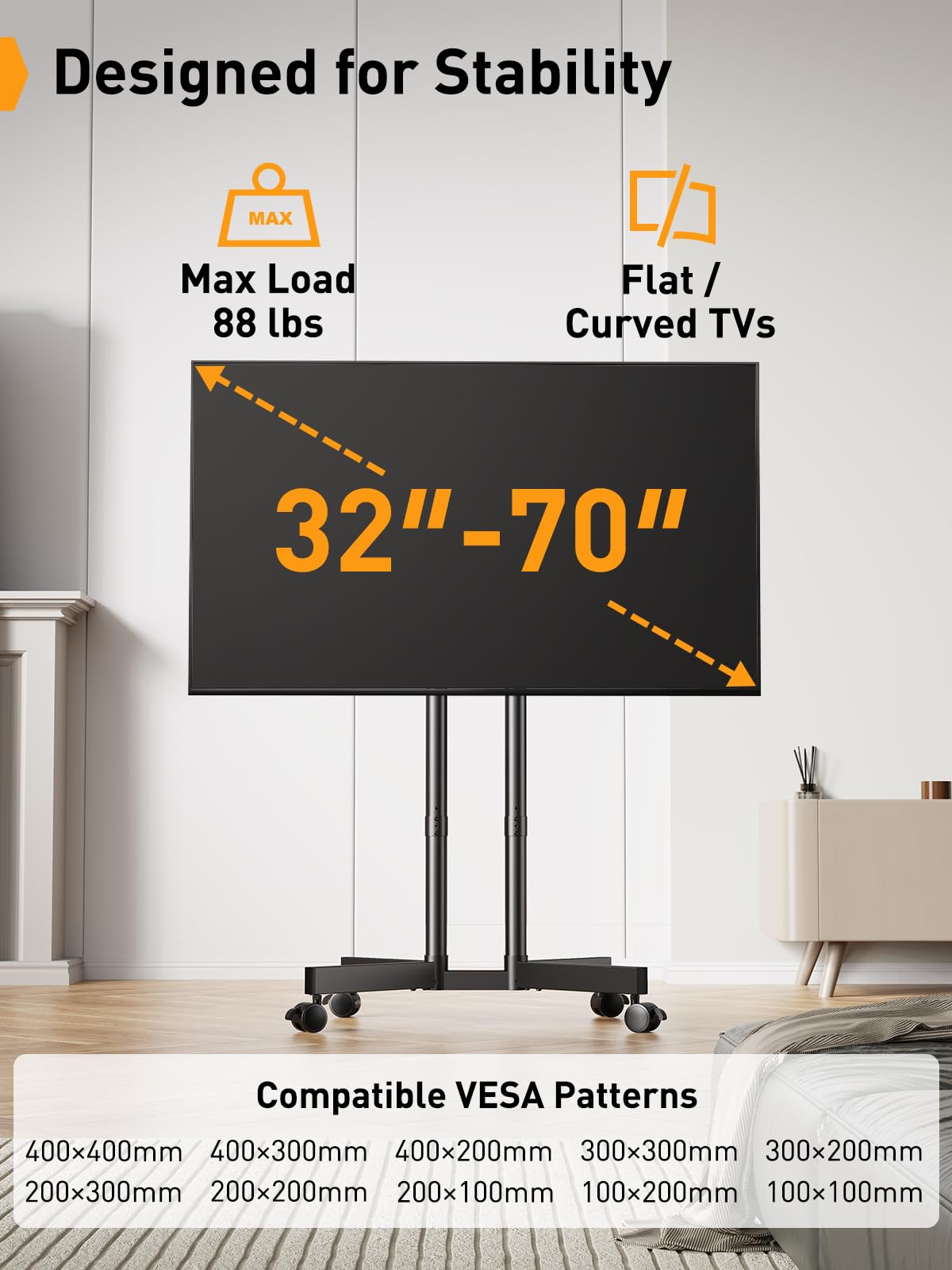 Perlegear Rolling TV Stand, Mobile TV Stand with Wheels for 32-70 inch TVs, Height Adjustable Mobile TV Cart with -15° to +5° Tilt, Rolling TV Cart for 4K TV Max VESA 400x400mm up to 88lbs, PGTVMC14 Perlegear