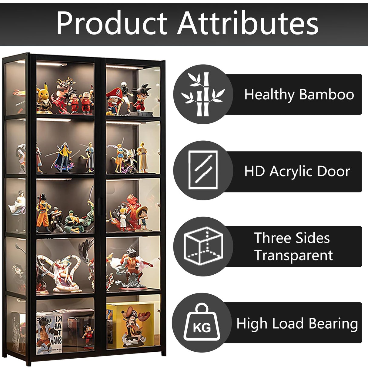 QOEUDD Display Cabinet with Acrylic Glass Door, 5 Tier Curio Display Case, Collectibles Toy Organizers Rack & Display Shelf, Kids Bookcase for Bedroom, Reading Nook, Toddler's Room, Bamboo QOEUDD