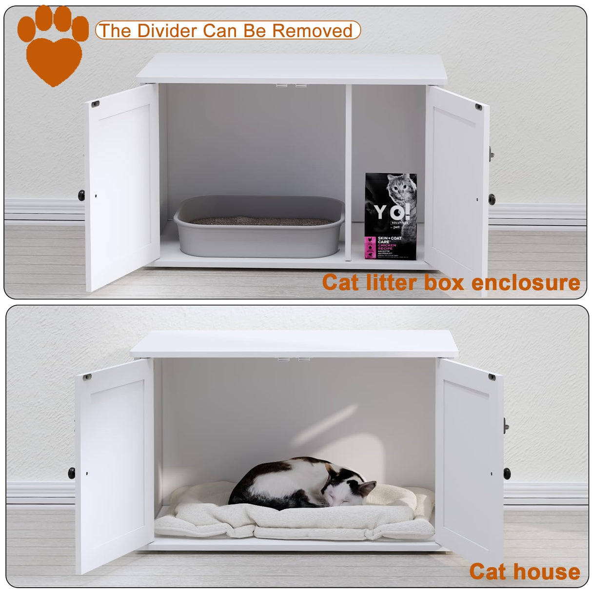 Timberer Cat Litter Box Enclosure, Litter Box Furniture Hidden with Removable Divider, Wooden Cat Washroom Furniture, Indoor Cat House, White Timberer