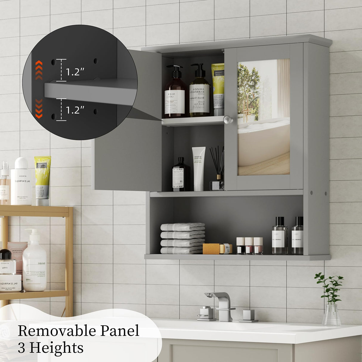 Shintenchi Bathroom Cabinet with Mirror, Wood Medicine Cabinet with Adjustable Shelf, Wall Mount Cabinet Storage, Cupboard, Gray Shintenchi