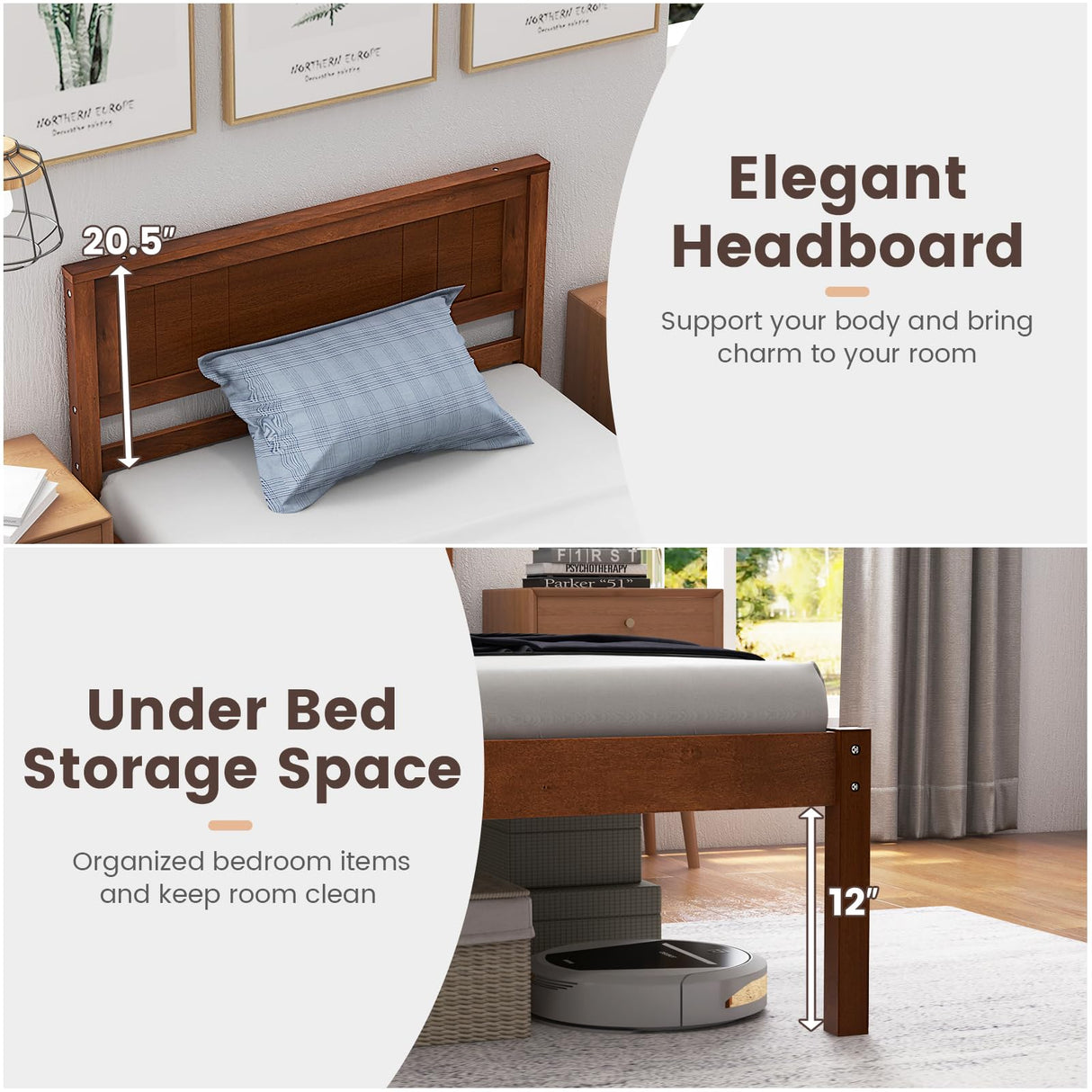 KOMFOTT Twin Size Wood Platform Bed Frame with Headboard, Solid Wood Bed Frame with Slat Support, Under Bed Storage, 16-Inch Mattress Foundation Bedroom Furniture, No Box Spring Needed KOMFOTT