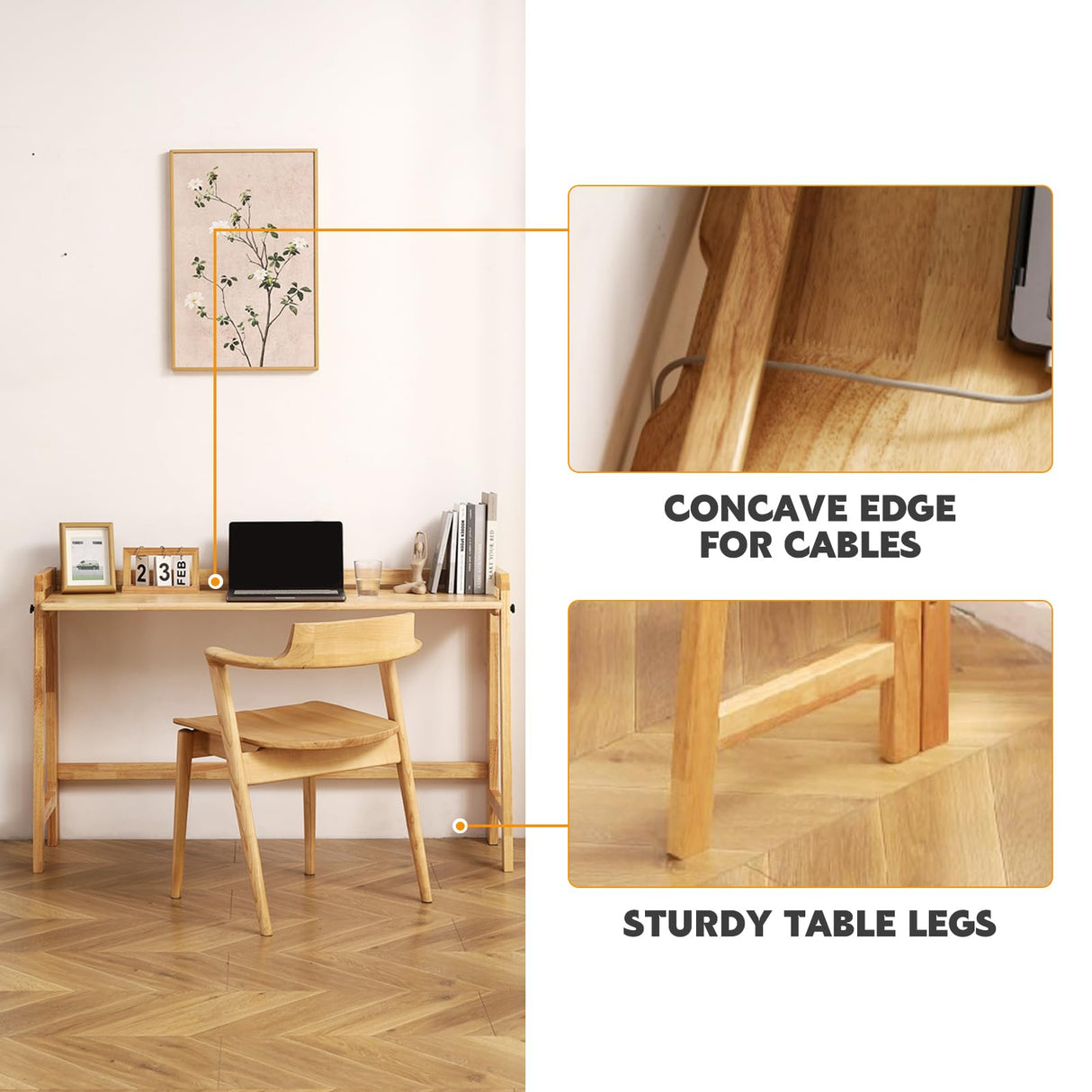 Solid Wood Folding Desk Mid Century Modern Desk, 47'' Foldable Writing Computer Desk for Home Office, Simple Study Makeup Workstation, Wooden Study Office Desk Table for Small Spaces, Natural Color Fetuero