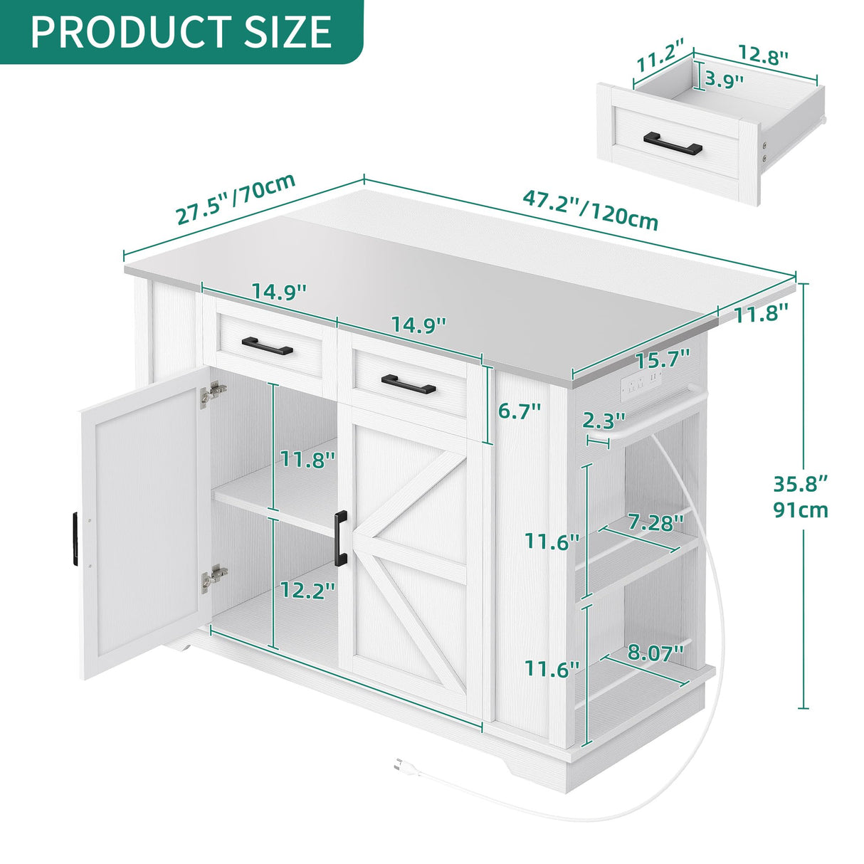 YITAHOME Kitchen Island with Stainless Steel Top & Drop Leaf, 47 Inch Kitchen Island on Wheels with Power Outlet, Rolling Portable Mobile Kitchen Cart w Storage Drawer Cabinet Counter Metal Top, White YITAHOME