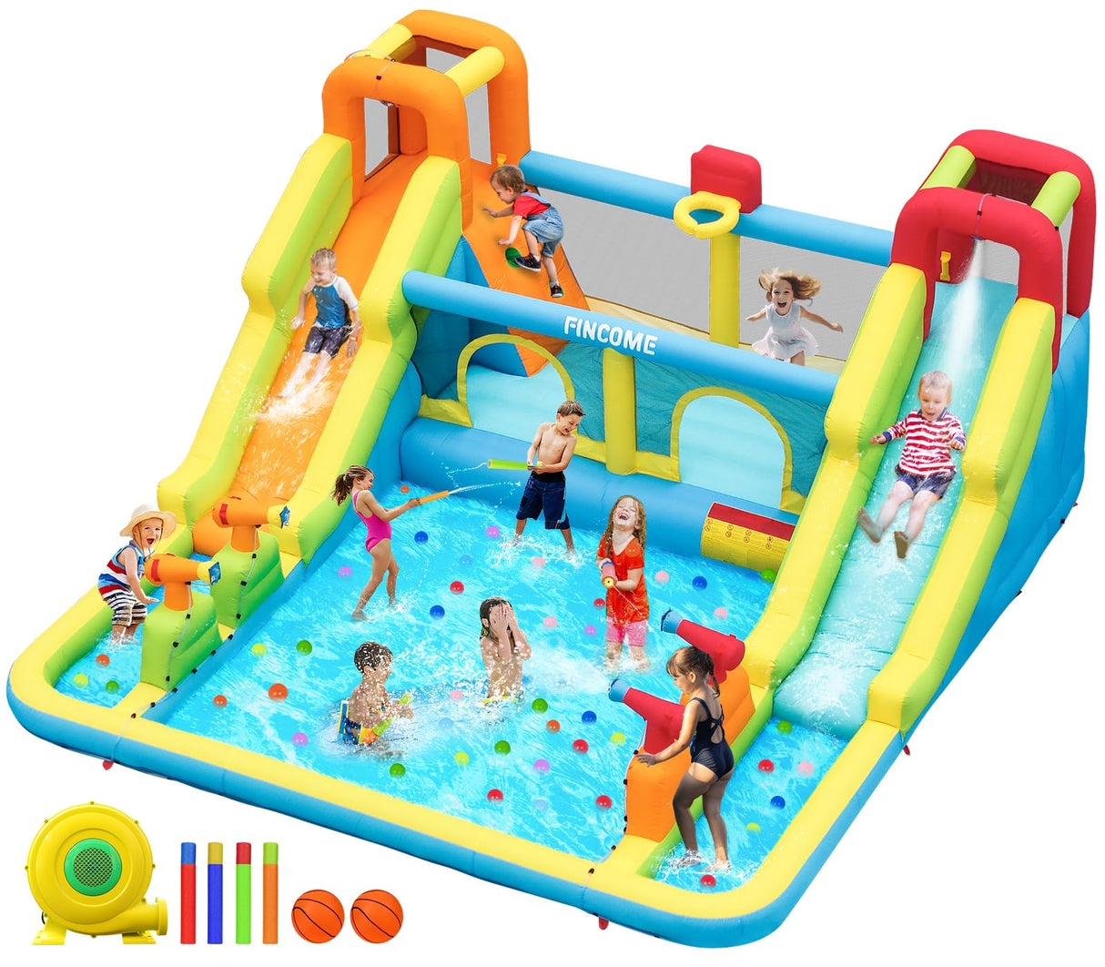 FINCOME Inflatable Bounce House for Kids, Water Bounce House with Double Slides Outdoor Indoor, Jumping Bouncy Castle with Air Blower for Park Backyard Party Birthday (with 750W Blower) FINCOME