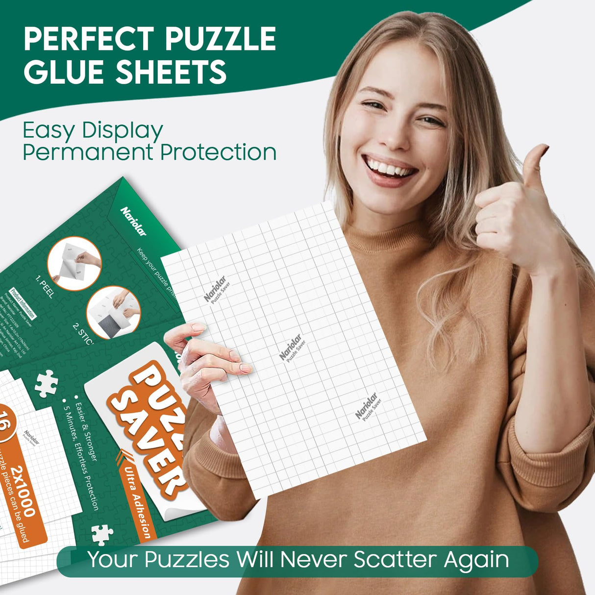 Nariolar Ultra Adhesion Puzzle Glue Sheets; 16 Jigsaw Puzzle Saver Sheets; 2 x 1000 Pieces Saver Nariolar