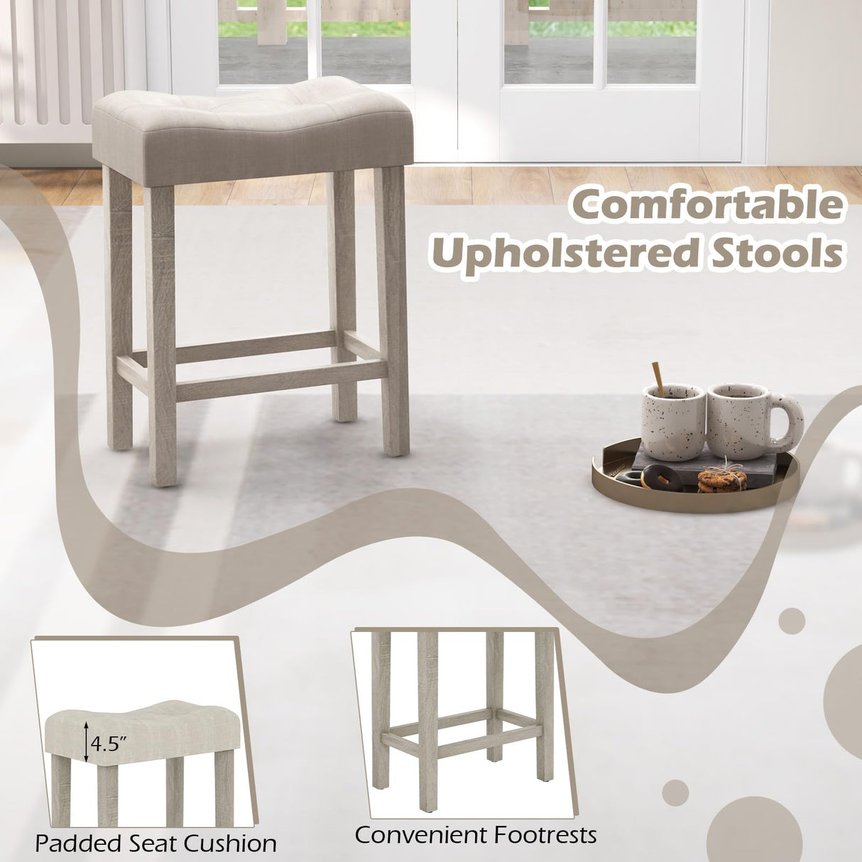 COSTWAY 4-Piece Farmhouse Bar Table Set with Power Outlet, Counter Height Dining Table Set w/ 3 Upholstered Stools, Wood Console Table Set Bistro Table Set for Kitchen, Dining Room, Living Room COSTWAY