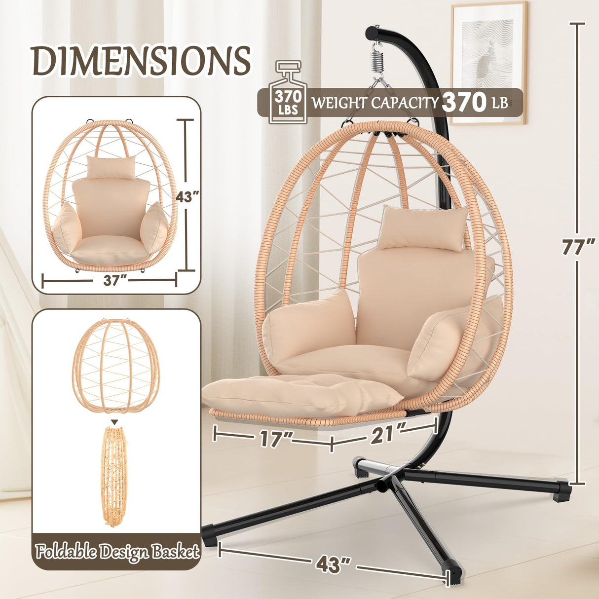 ZENPETIO Hanging Egg Chair with Stand, Removable Leg Rest, UV Resistant Cushion & Pillow, 370lbs Capacity – Indoor & Outdoor Use, Rattan Wicker Swing Egg Chair for Patio, Bedroom, Balcony, Brown ZENPETIO