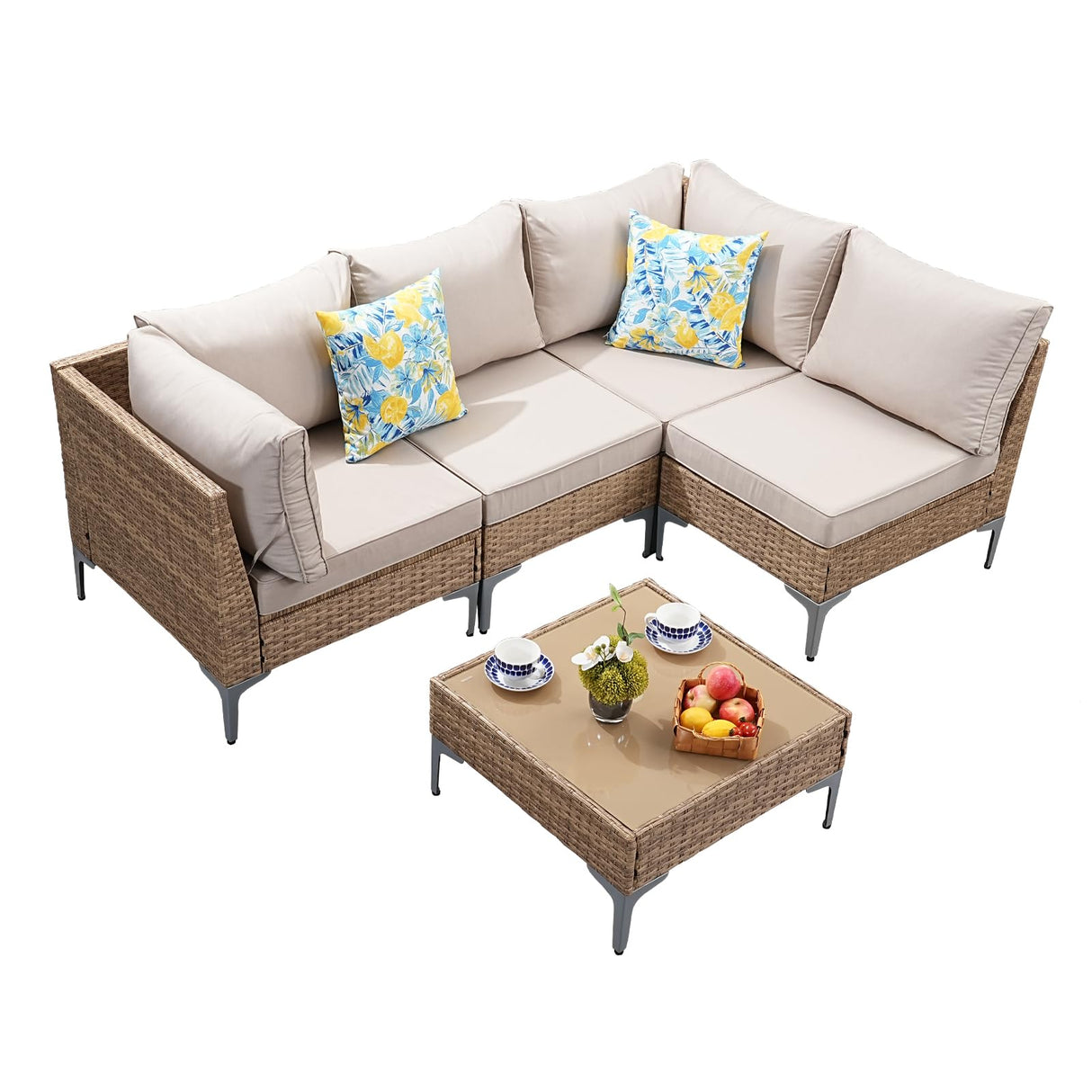SunloungeCo 5-Piece Patio Furniture Set, Outdoor Wicker Sectional Sofa with Coffee Table, Anti-Slip & Thick All-Weather Cushions for Sunroom,Garden,Backyard, Beige SunloungeCo