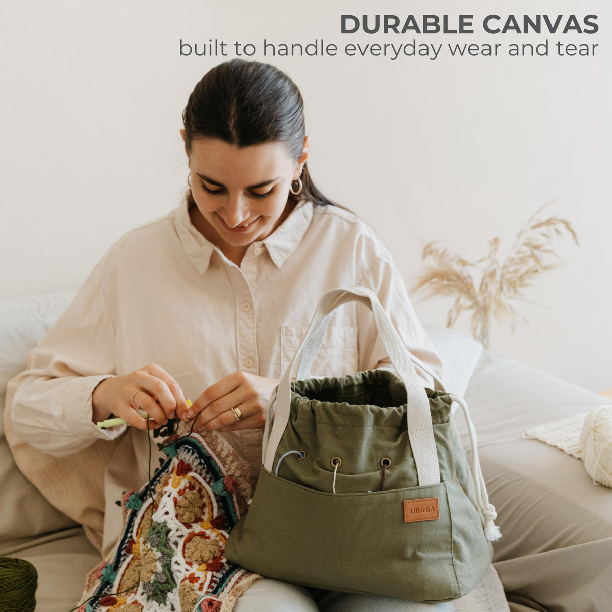 Stylish Crochet Bag Organizer Easily Organizes Your Yarn - Durable Canvas Bag w/ 8 Pockets Stores Plenty of Yarn Skeins & Crocheting Supplies/Accessories - Perfect Basket for Gifting to Knitting Fans KIBAGA