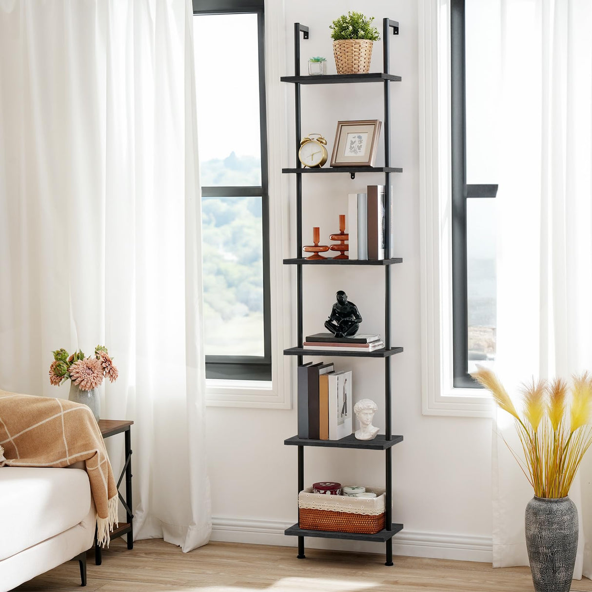 HOOBRO DIY Ladder Shelf, 6-Tier Wooden Wall Mounted Bookshelf, Narrow Bookcase, Display Shelf, Storage Rack, Plant Stand, for Living Room, Bedroom, Study, Balcony, Black BB651CJ01 HOOBRO