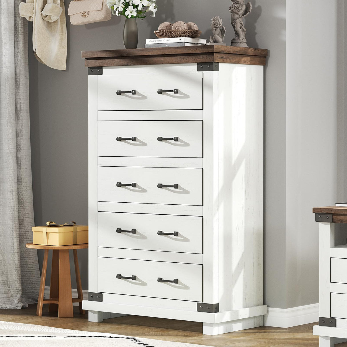 AMERLIFE Farmhouse 5 Drawers Dresser Chests for Bedroom, 48" Tall Wood Rustic Chest of Drawers/w Thick Plank Styling, Heavy Duty Closet Storage Dresser Organizer, Living Room, Hallway, Antique White AMERLIFE