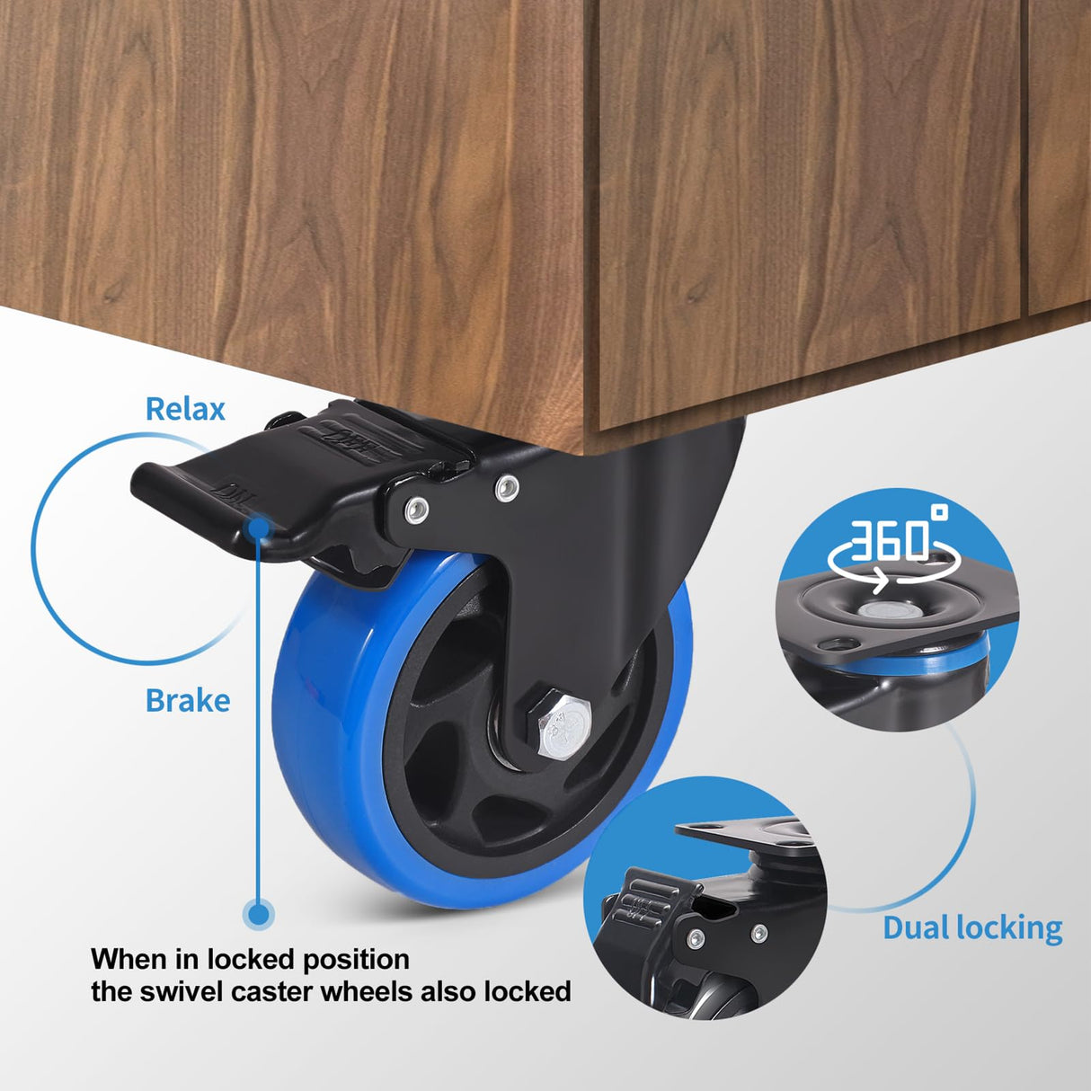 3 Inch Caster Wheels, Casters Set of 4 Heavy Duty with Brake, Safety Dual Locking Casters, No Noise Wheels with Polyurethane Foam, Load 1000LBS (Two Hardware Kits Included) ENYKE