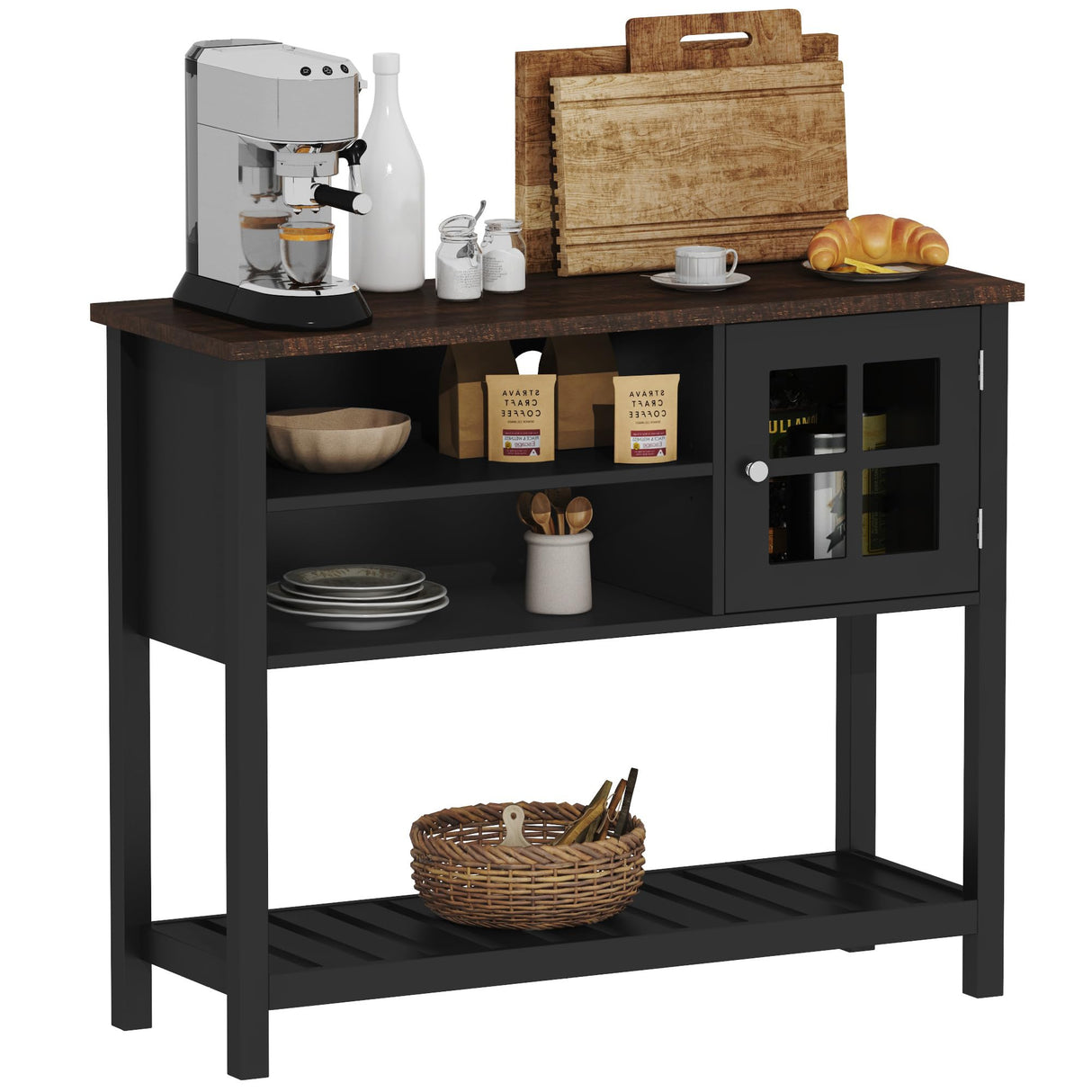 ChooChoo Farmhouse Coffee Bar Cabinet, Buffet Cabinet with Storage, Sideboard Buffet Cabinet with Glass Door, Console Table for Kitchen, Hallway, Entrance, Black ChooChoo