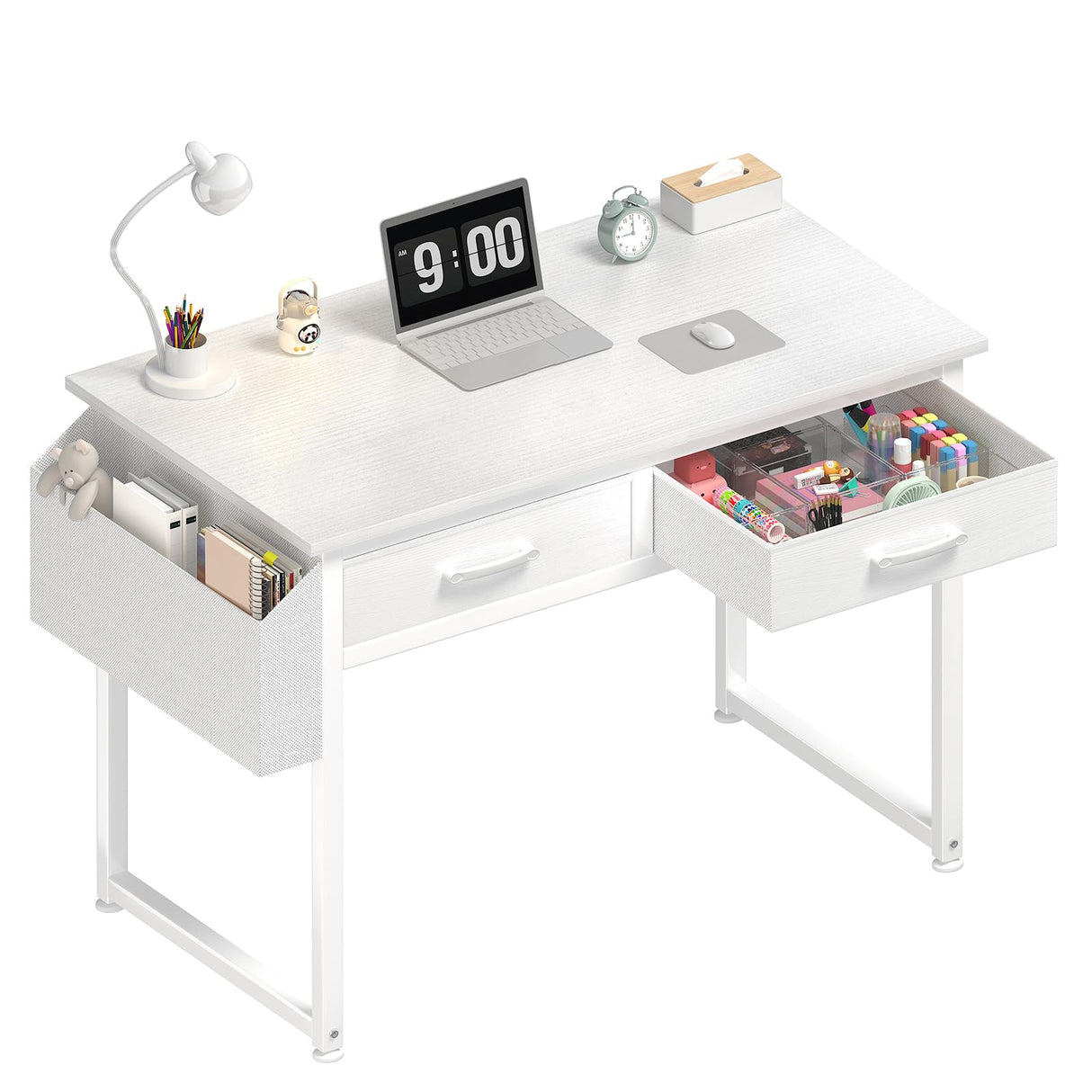 DLisiting White Small Desk with Fabric Drawers - 32 Inch Vanity Desk with Storage Drawer and Bag for Bedroom, Study Writing Table for Small Spaces, White DLisiting