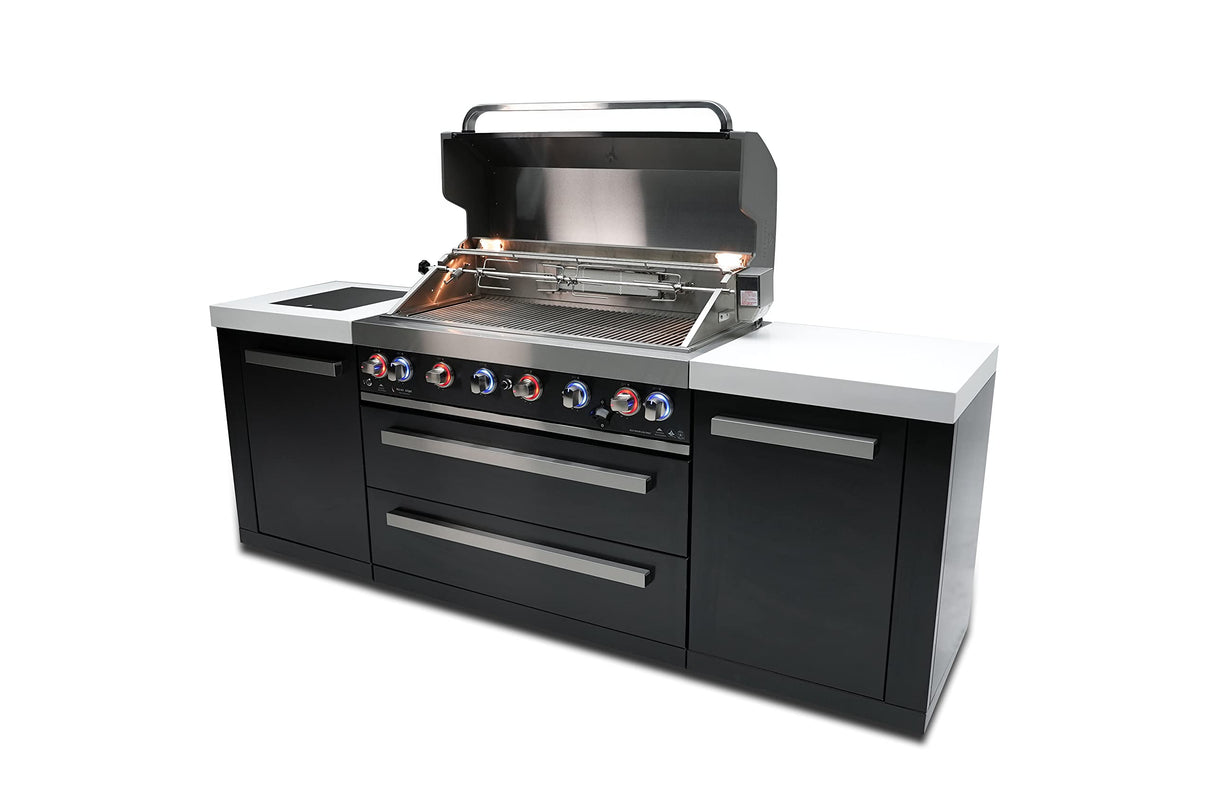 Mont Alpi MAi805-BSS 44-inch 6-Burner 115000 BTU Deluxe Black Stainless Steel Outdoor Kitchen Gas Island Grill w/Infrared Side Burner & Rotisserie Kit Granite Countertop + Storage & Weather Cover Mont Alpi