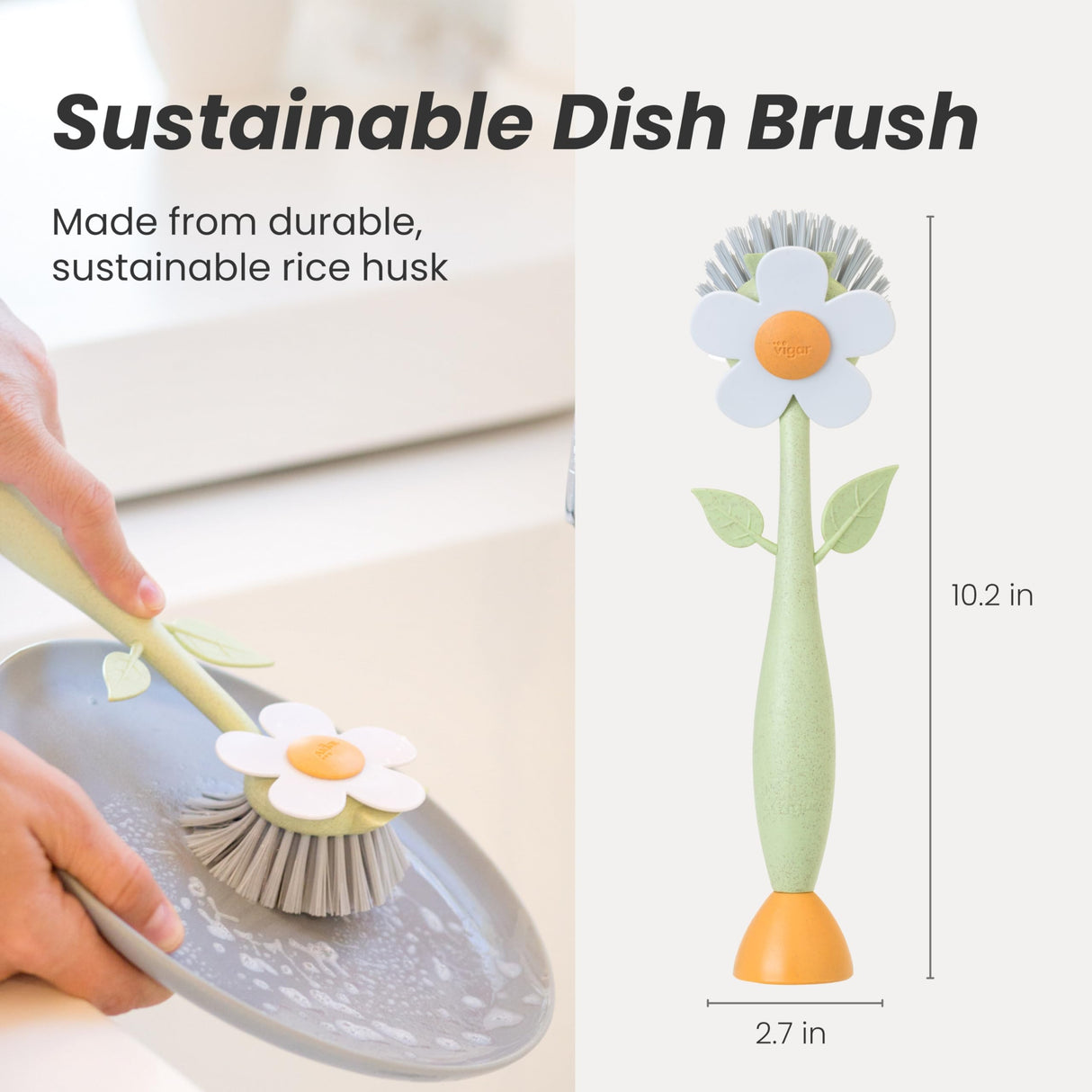Vigar Florganic Daisy-Shaped Dish Brush, a Dish Brush with Handle, and a Dish Brush with Stand for Pot Scrubber, Kitchen Dishes, and Sink Cleaning Vigar