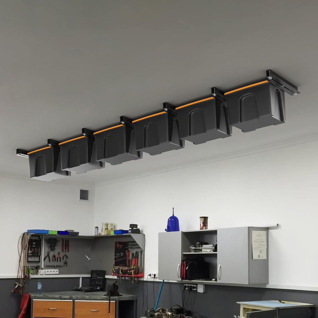 Ultrawall Ceiling Storage Racks for Bins, Overhead Garage Storage Rack for Totes with Adjustable Width, Heavy Duty Ceiling Container Bin Rack Ultrawall
