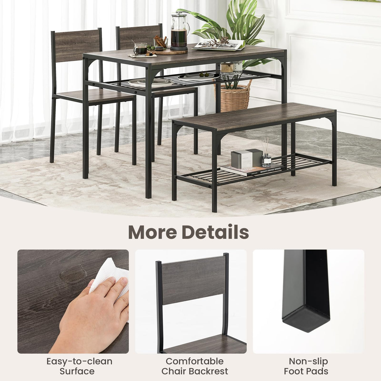 Tangkula Dining Table Set for 4, Kitchen Table and 2 Chairs for 4 with Bench, Additonal Storage Rack, 4 Piece Dining Table Set for Small Space, Apartment Tangkula