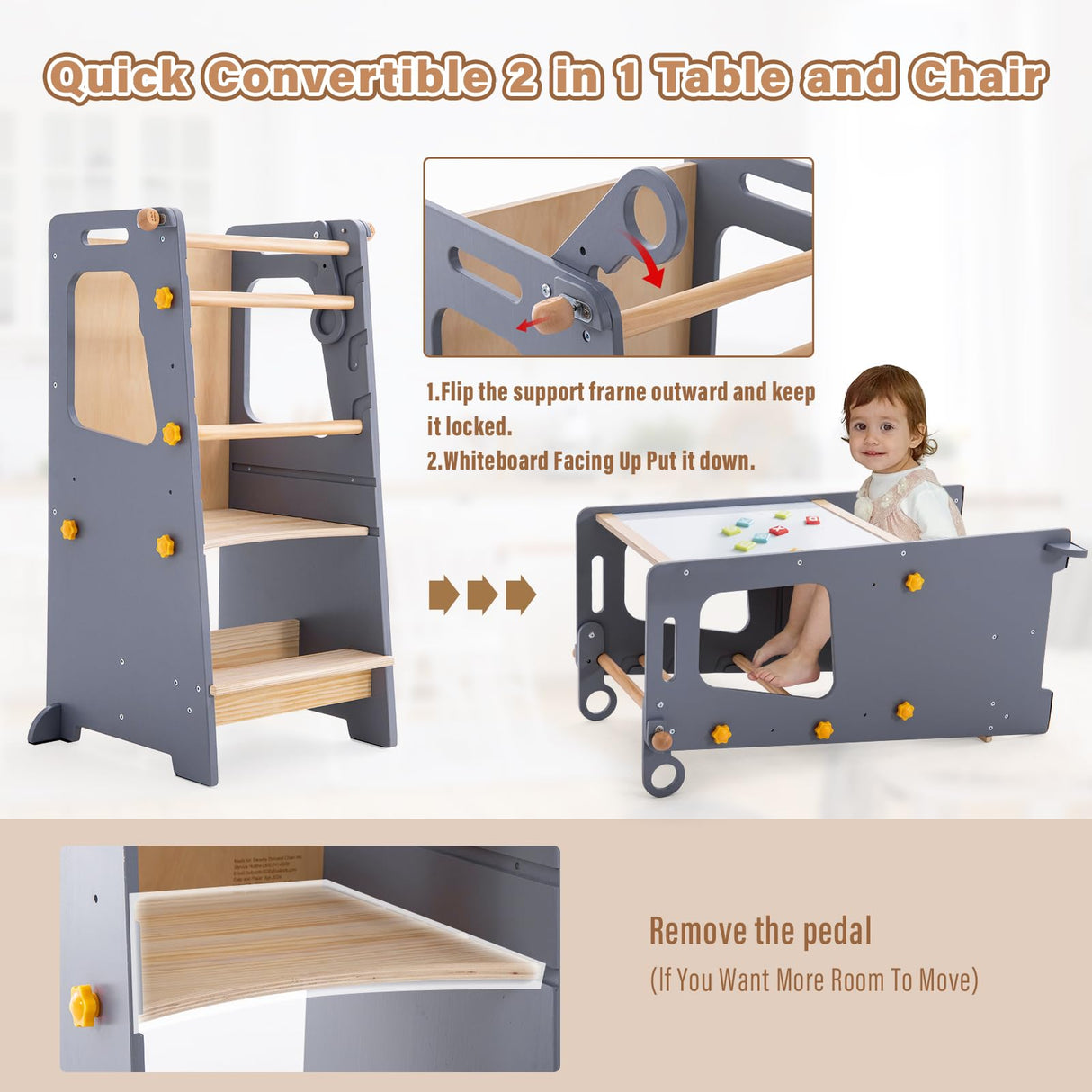 4 in 1 Toddler Kitchen Tower, Kids Kitchen Stool Helper, Standing Tower with Convertible Table and Chair, Toddler Step Stool with Adjustable-Height,Whiteboard and Safety Rail for Kitchen Aokkto