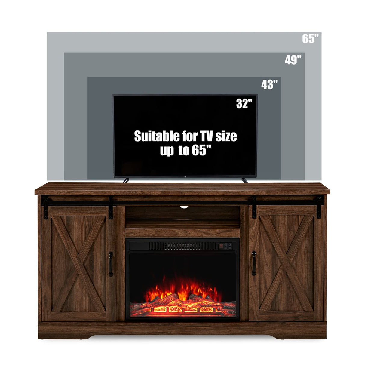 Fireplace TV Stand with Sliding Barn Door for TVs up to 65", Farmhouse 59" Fireplace Entertainment Center with Storage Cabinets/Adjustable Shelves, Dark Walnut AMERLIFE