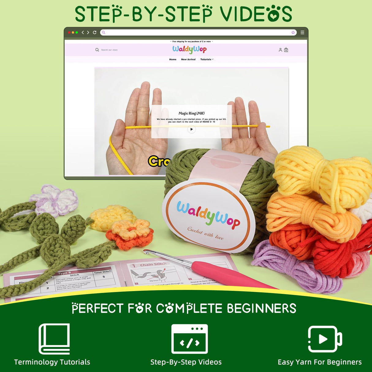 WaldyWop Crochet Kit for Beginners - 8 Flower Bookmarks Knitting Kit w/Step-by-Step Video Tutorials & Soft Yarn, Hook - Wobbles DIY Art Craft Kit for Adults Kids, Birthday Gifts for Women Girls Teen WaldyWop