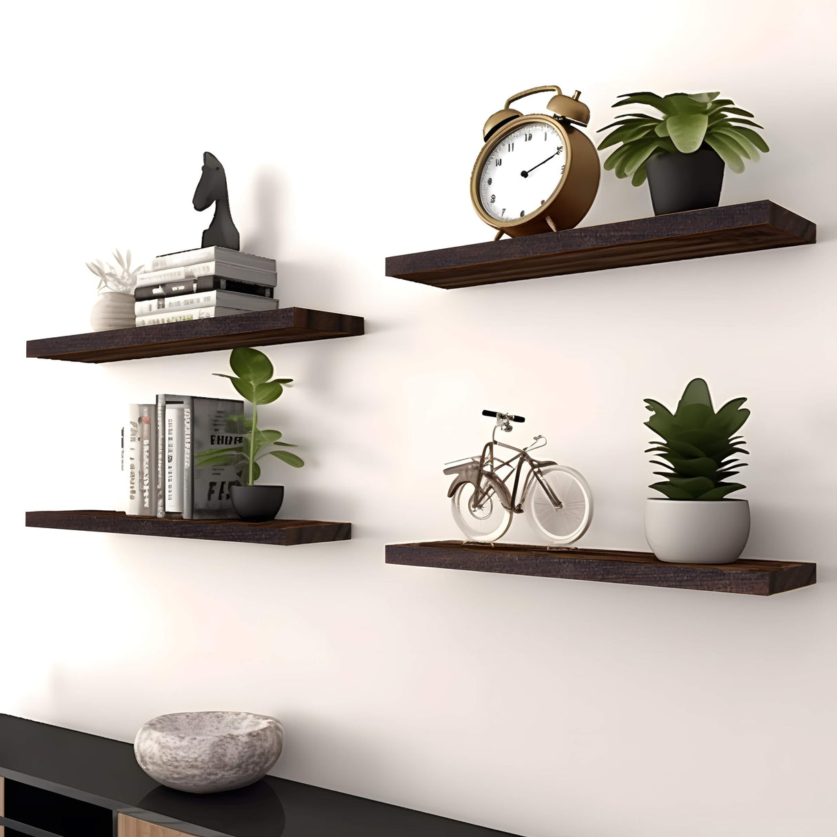 PHPH Wood Floating Shelves for Wall, Wooden Wall Shelves for Bedroom, Set of 6 Brown 17 Inch PHPH