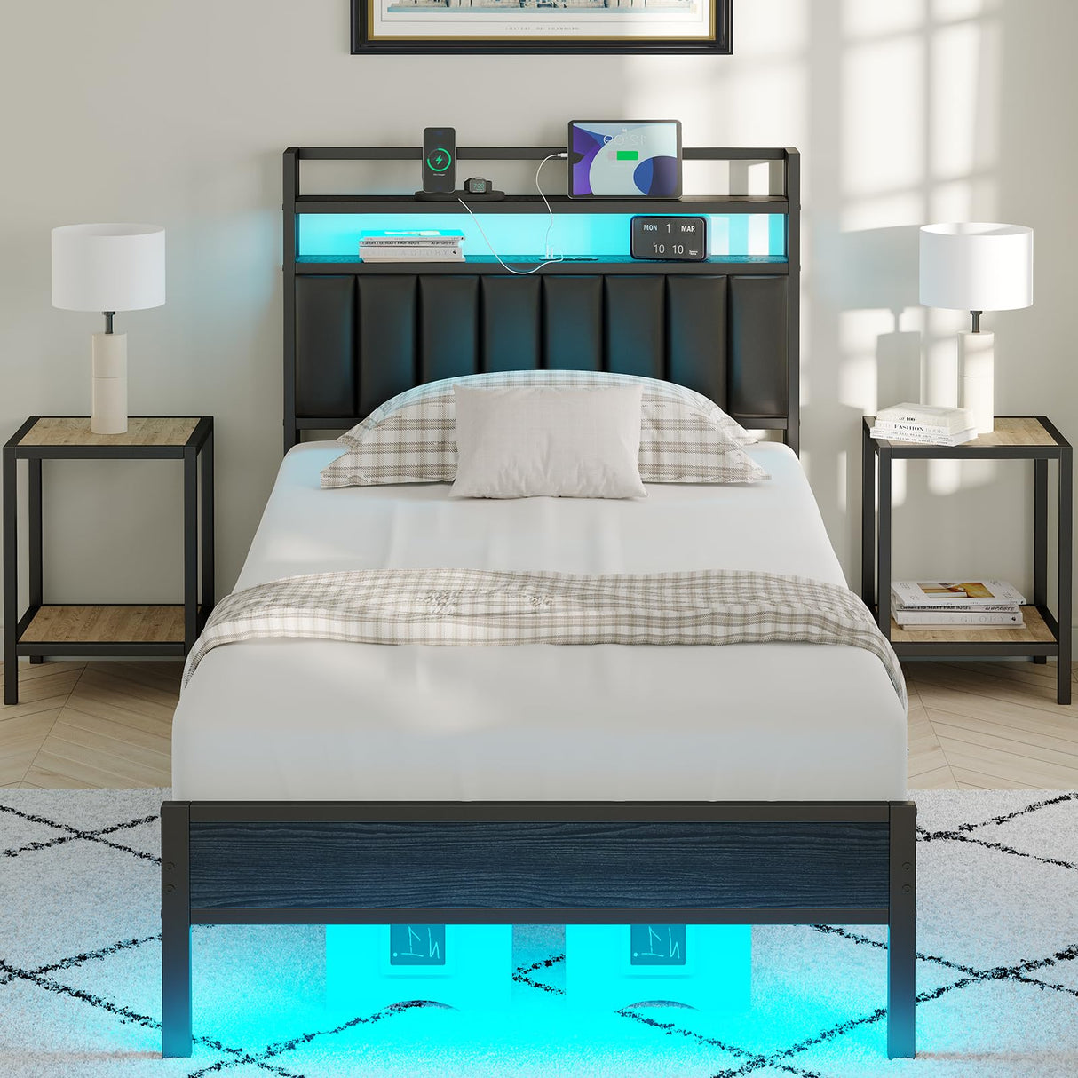 CollaredEagle Twin Size Bed Frame with Headboard, Metal Bed Frame with Charging Station and LED Lights, Heavy Duty Bed with Storage Shelves,Noise Free,No Box Spring,Black CollaredEagle