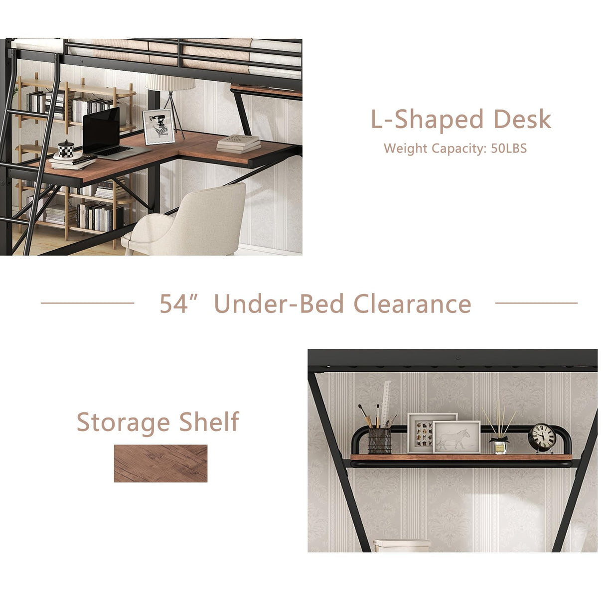 Full Size Loft Bed with Desk and Storage Shelf, Full Size Loft Bed Frame with Guardrail and Ladder, Heavy Duty Loft Beds for Kids, Teens, Black Bellemave