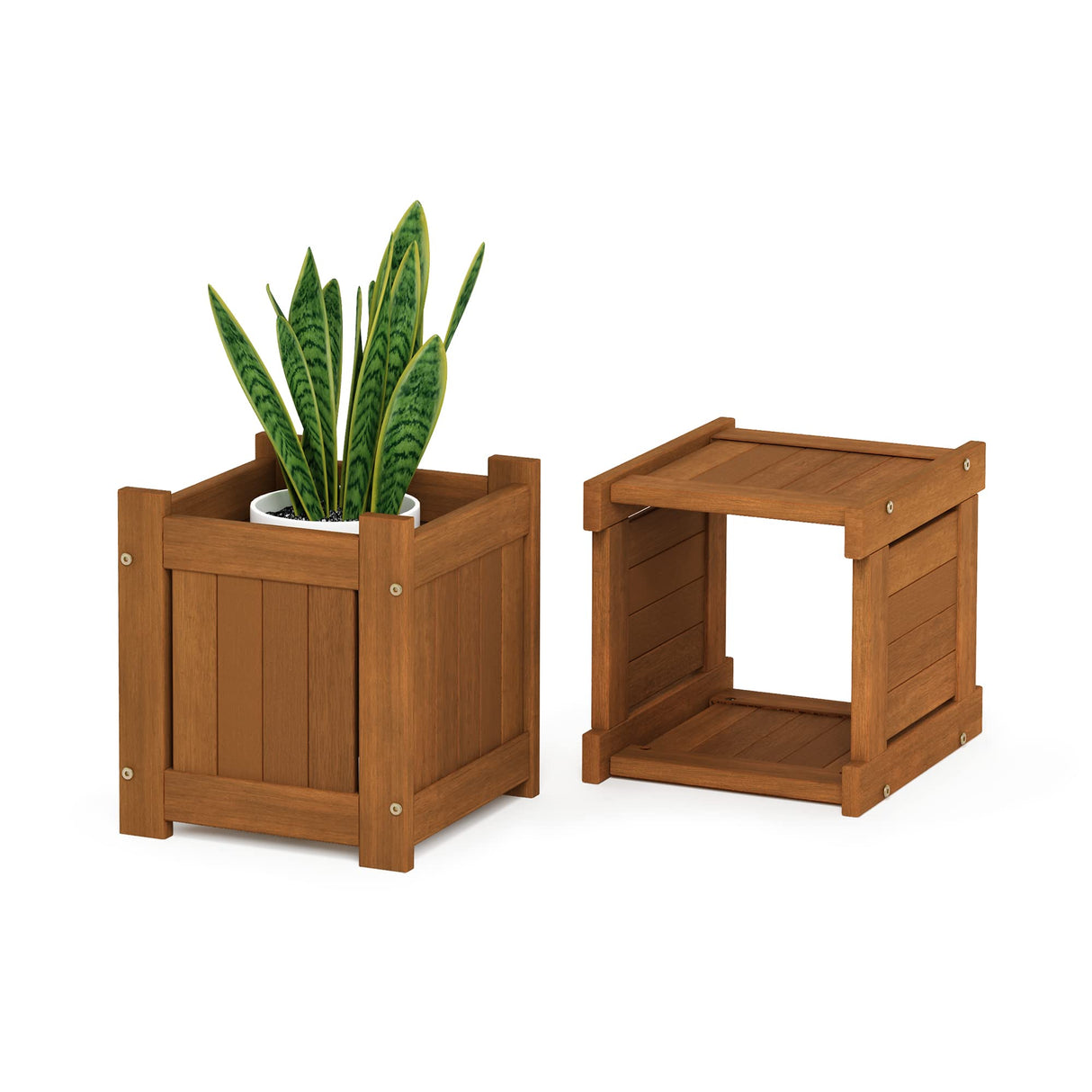 Furinno Tioman Hardwood Mini Outdoor Planter Box with Bench for Garden Plant Furinno