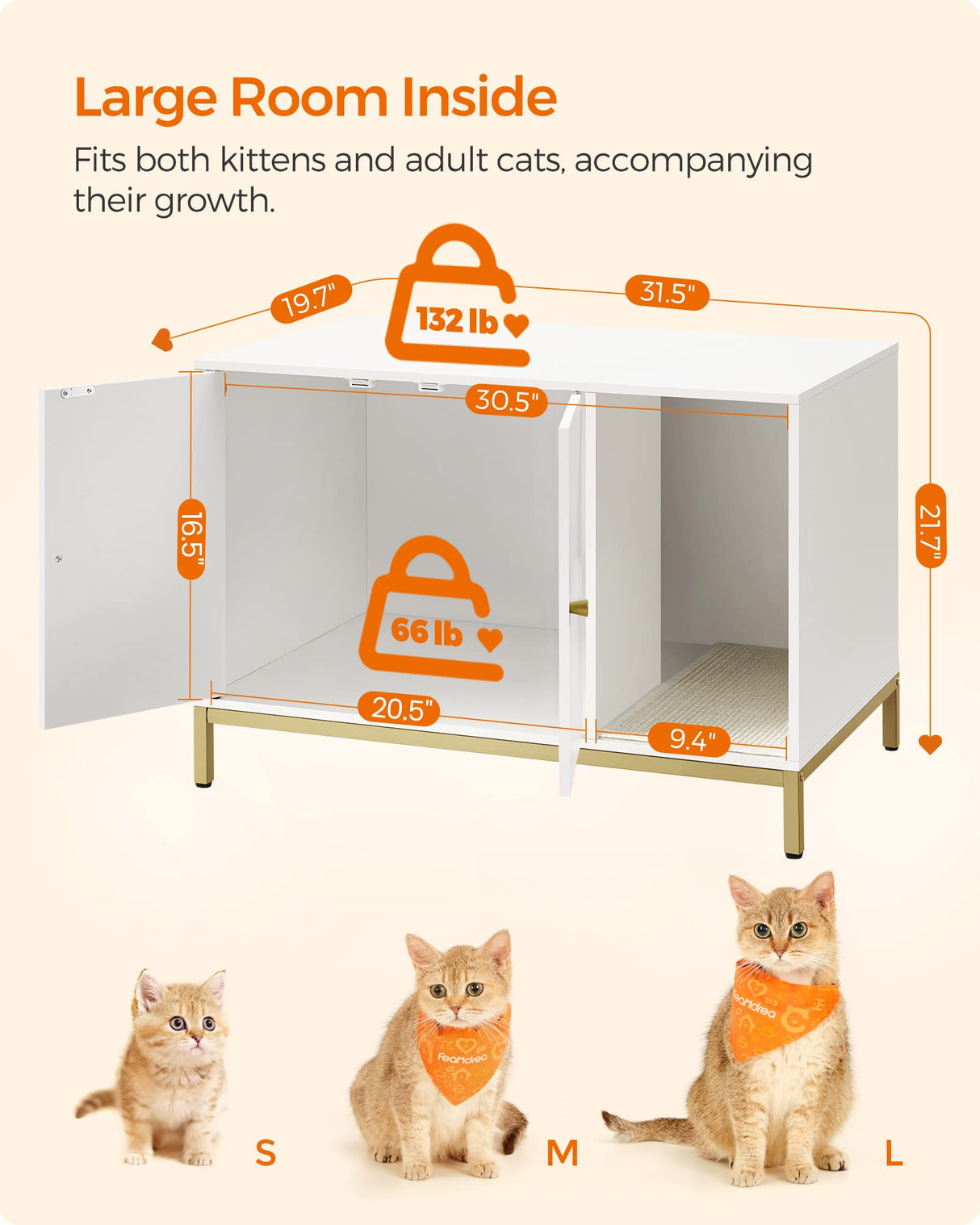 Feandrea Litter Box Enclosure, Modern Cat Litter Box Furniture Hidden, with Scratching Mat, Tall Legs, Cat House, Side End Table, 31.5 x 19.7 x 21.7 Inches, White and Gold UPCL007W01 Feandrea