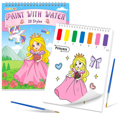 Paint with Water Coloring Books for Toddlers, Princess Theme Mess Free Watercolor Painting Papers for Kids Water Color Paint Kit Art Craft Birthday Gift for Ages 1-3, 4-8