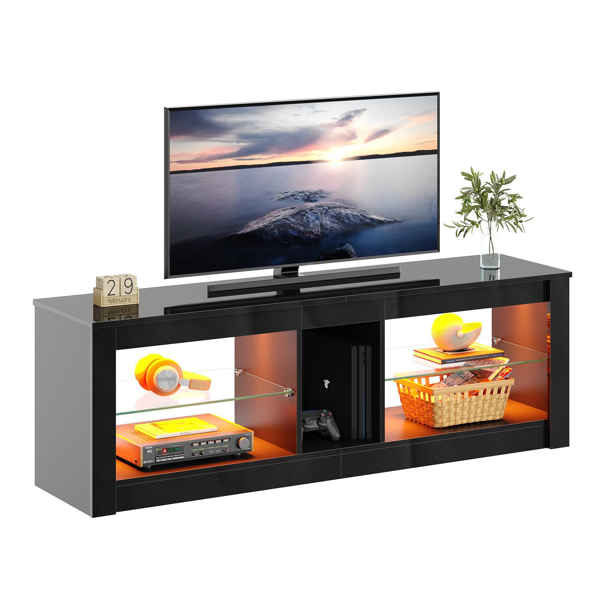 Bestier Modern TV Stand for 55 60 inch TV with LED Lights, High Gloss Entertainment Center TV Console Table with Storage Shelves for Living Room, Glossy Black Bestier