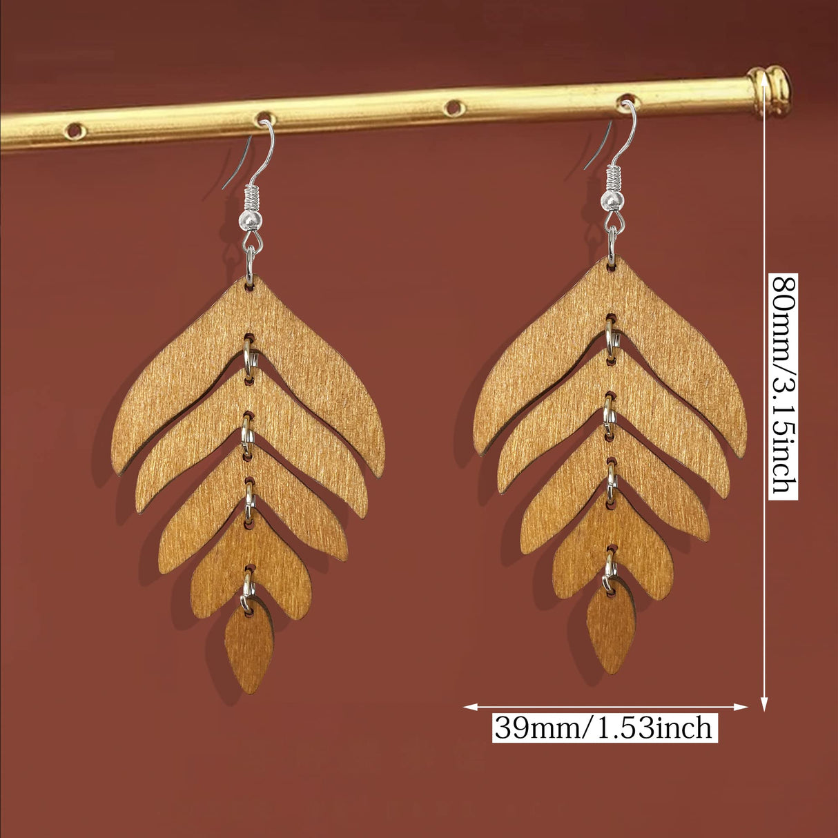 Handmade Lightweight Elegant Wooden Earring for Women - Statement Leaf Drop Dangle Earrings Bohemian Fashion Nature Wood Chain Leaf Earrings for Women Mom Sister Daughter Statement Jewelry Gifts (Dark Brown) NONQL