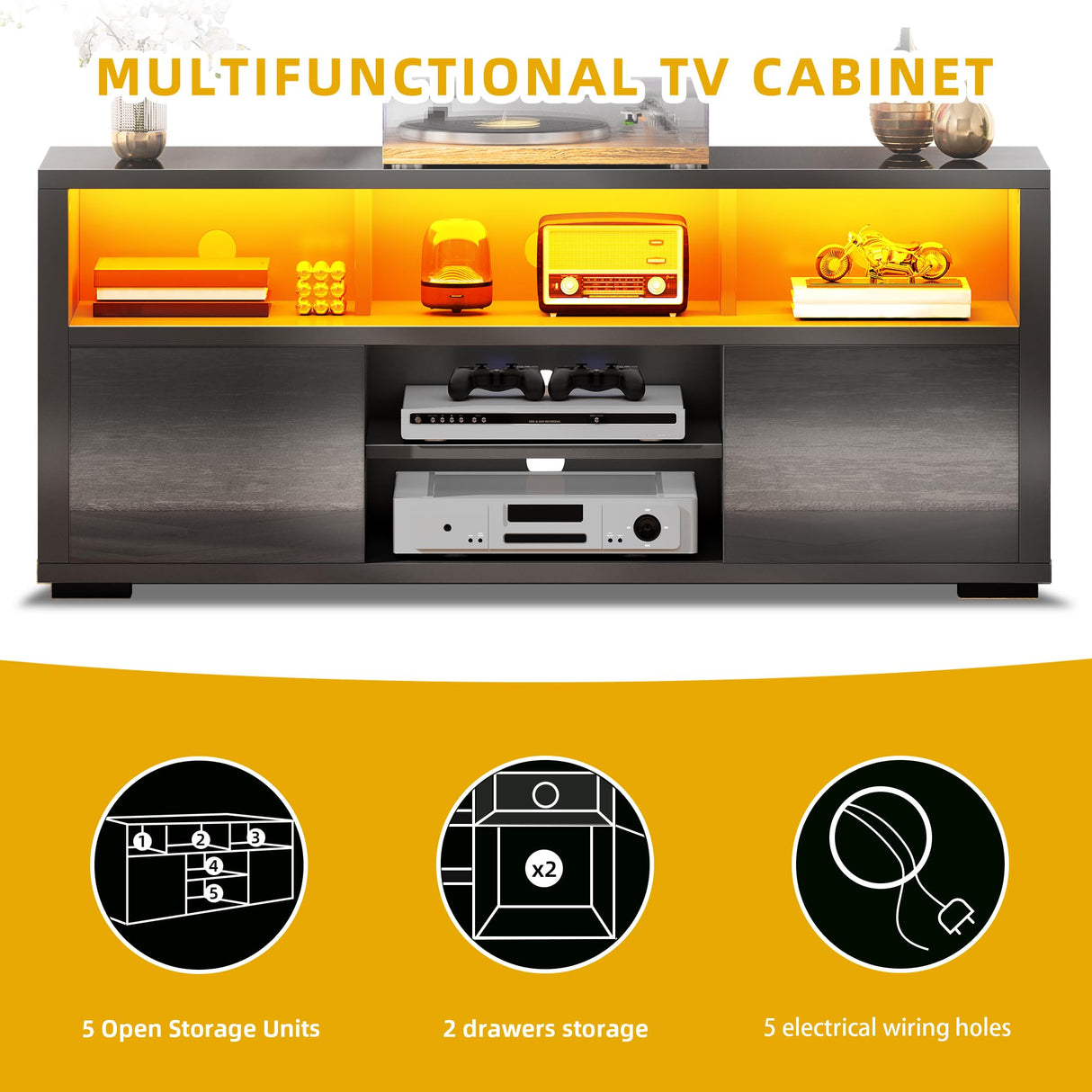 DWVO LED TV Stand for 55 Inch TV, Entertainment Center with 2 Storage Cabinet, 5 Open Shelves, Modern High Glossy Wood TV Console Table for Home, Living Room, Gaming Media Stand, Black DWVO