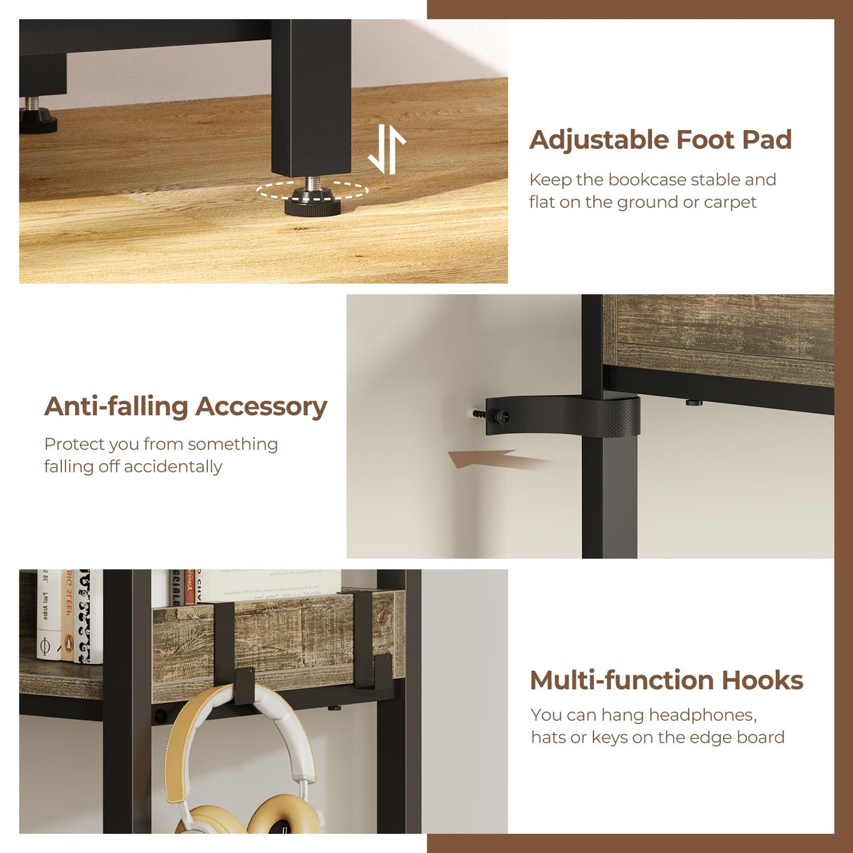 Rolanstar Bookshelf 5 Tiers, Triple Bookcase with Open Display Shelves, Industrial Wide Bookshelf with Metal Frame for Living Room, Office, Grey Rolanstar