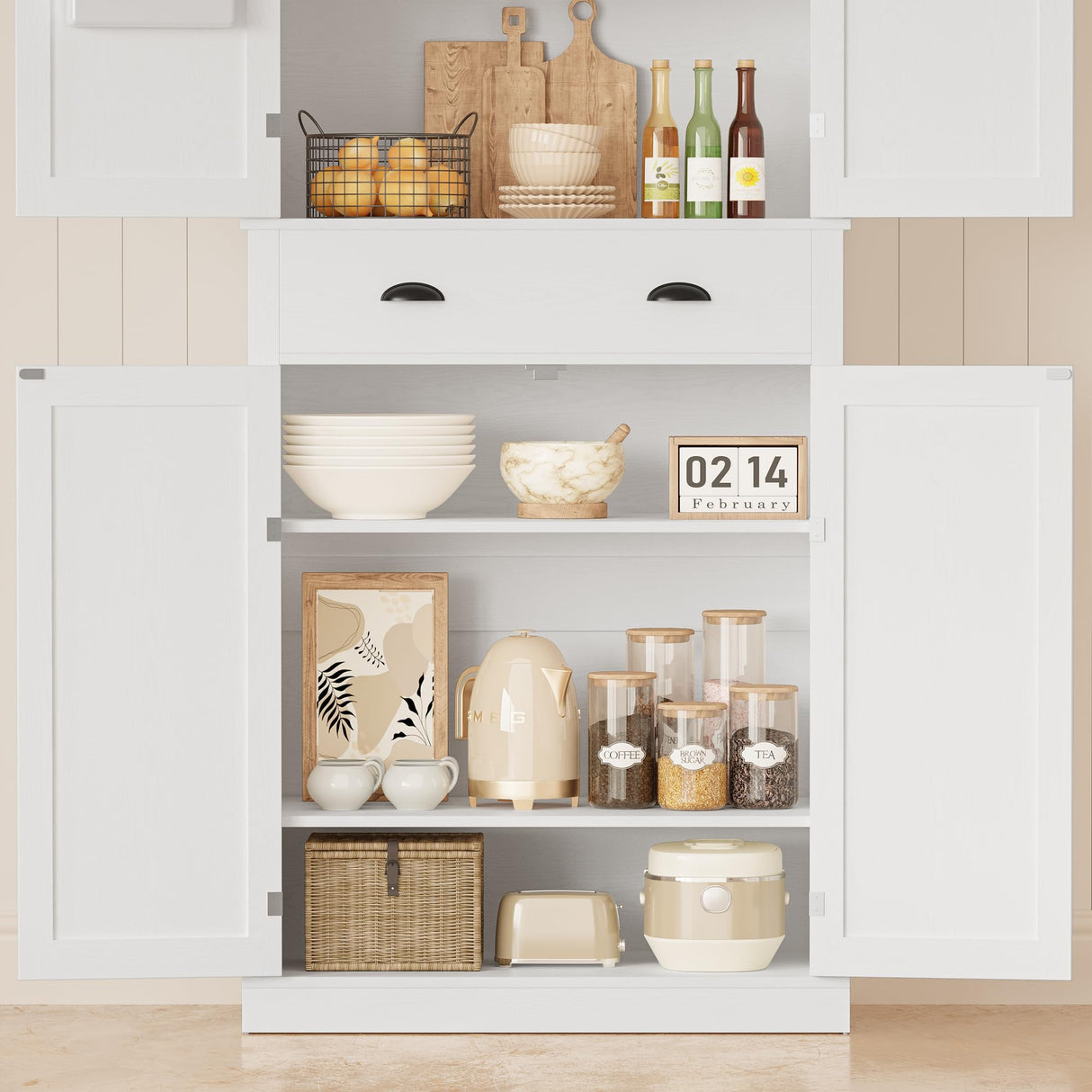 IRONCK Kitchen Pantry Storage Cabinet 83.9" H, with Barn Doors, Drawer, 4 Adjustable Shelves, Freestanding Cupboard for Dining Room Living Room, Laundry, White IRONCK