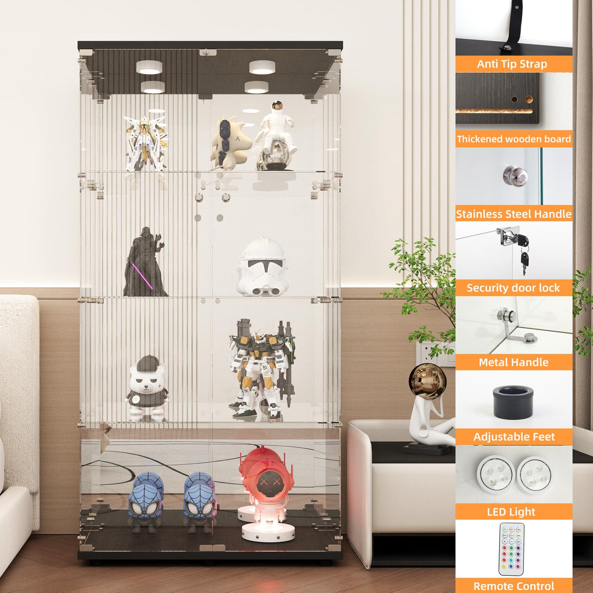 LFT HUIMEI2Y Glass Display Cabinet 4-Shelf with Light,Mirror and Lock, 2 Door Curio Cabinets, 5mm Tempered Glass Floor Standing Bookshelf for Bedroom, Living Room, Black LFT HUIMEI2Y