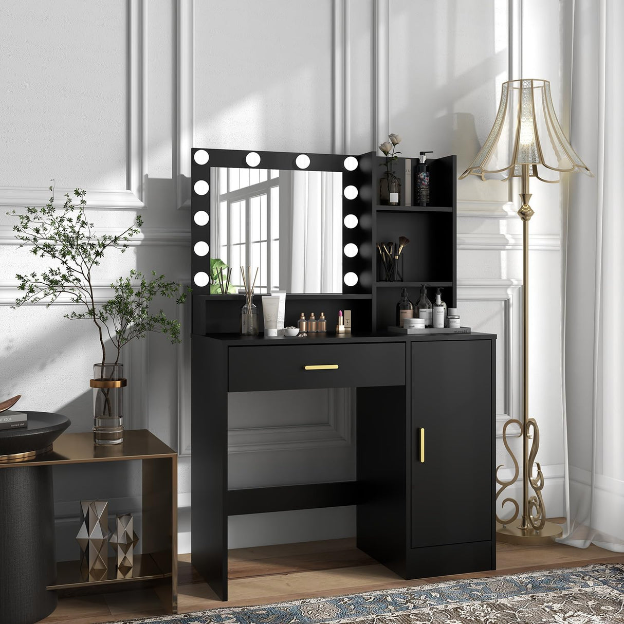 Vanity Desk, Vanity Mirror with Lights and Table Set with 1 Big Drawers, 1 Cabinet & 4 Shelves Makeup Vanity Set 3 Lighting Modes Brightness Adjustable Dressing Table (Black) Panana