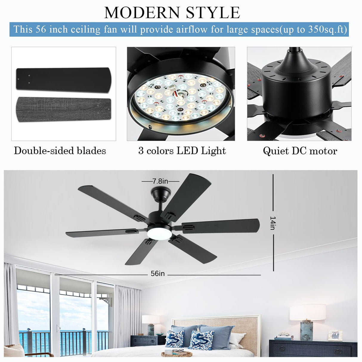 FUMLTP 56inch Black Ceiling Fans with Lights and Remote/App Control, Dimmable LED, Reversible DC Motor, Noiseless, 6 Double-Side blades, 6 Speeds Low Profile Ceiling Fan for Indoor/Outdoor Use FUMLTP