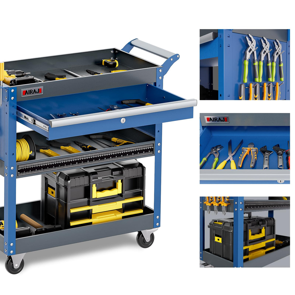 AIRAJ PRO 3 Tier Tool Cart,440 LBS Capacity Rolling Tool Cart with Drawers,Heavy Duty Industrial Service Tool Cart on Wheels with Pegboard Hooks for Mechanics,Garage,Warehouse,Workshop,Blue AIRAJ PRO