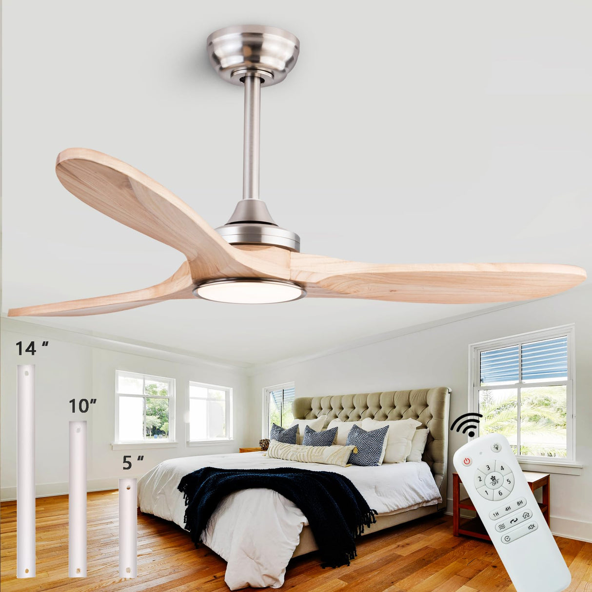 QUTWOB 42" Wood Ceiling Fans with Lights and Remote Control,Indoor Outdoor 3 Blades Wooden Ceiling Fan for Garage,Patio,Living Rooms,Bedrooms,Offices,Farmhouse(Nickel+Raw wood) QUTWOB