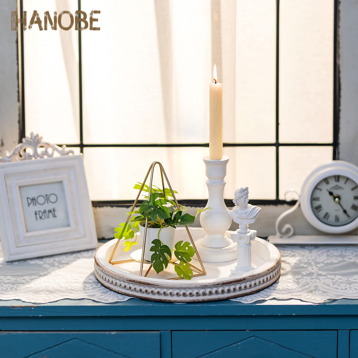 Hanobe Decorative Serving Tray Wood: White Washed Bead Round Tray Decor for Coffee Table Rustic Wooden Trays Farmhouse Centerpiece for Living Room Kitchen Counter Hanobe