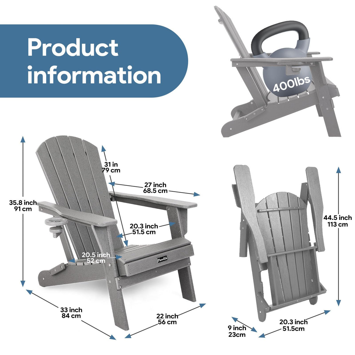Plawdlik Folding Adirondack Chair, SGS Tested, Wooden Textured with Cup Holder, Heavy All-Weather HDPE Comfortable Set Poolside Backyard Lawn Grey set 2 Plawdlik