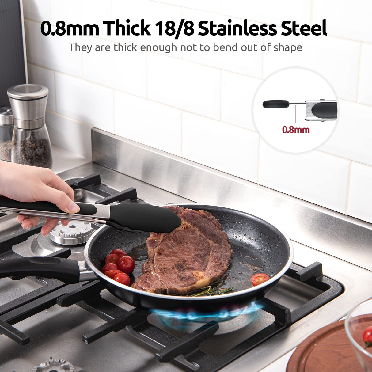 600ºF Heat Resistant Kitchen Tongs: U-Taste 9 inch Silicone Cooking Tong with Firm Sealed Non Stick Rubber Tips & Silicon Coated 18/8 Stainless Steel Handle & Smooth Locking for Serving Salad (Black) U-Taste