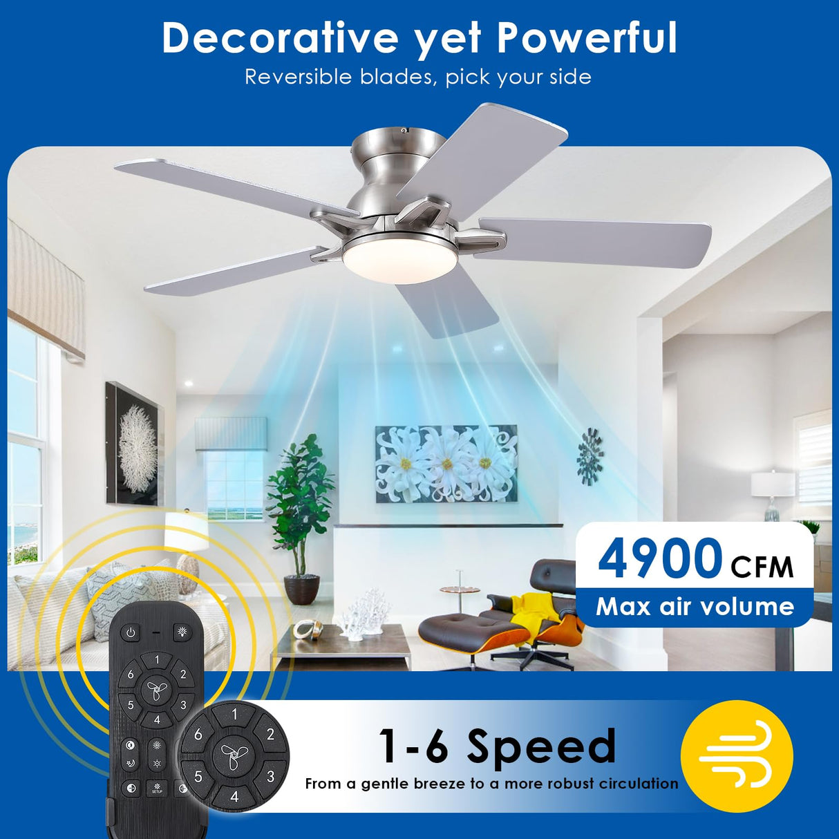 CHESUR Flush Mount Ceiling Fans with Lights Remote/APP Control, Modern Ceiling Fan Light with Timer Setting and Silent Motor, Low Porfile Reversible Fan Light for Indoor/Outdoor Use CHESUR