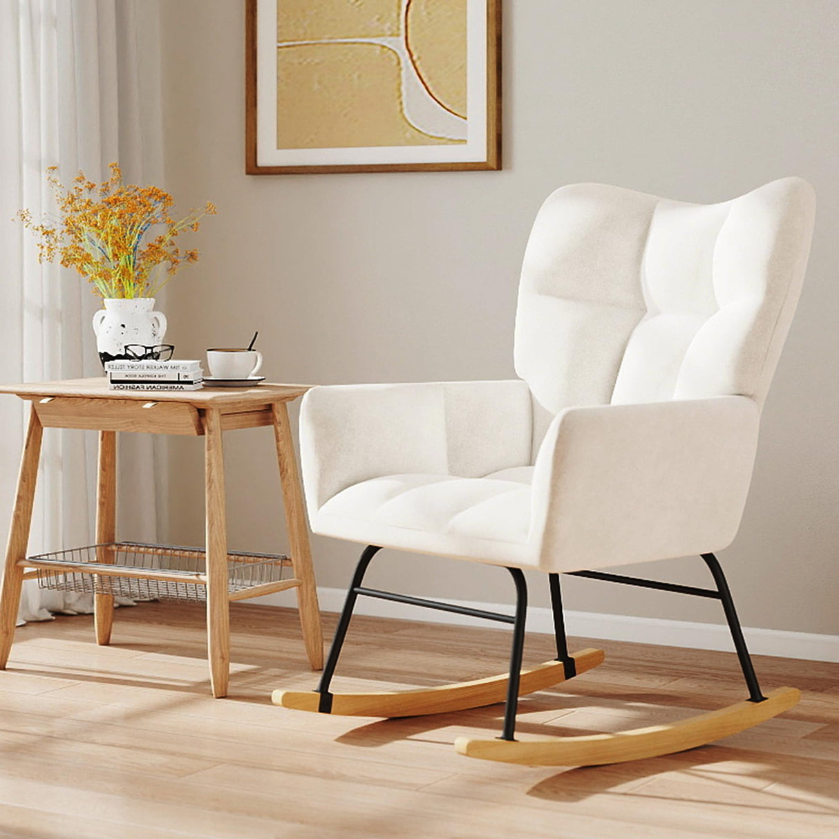 Skandiquip Nursery Rocking Chair, Rocking Chairs for Nursery, Baby Rocker Chair, Glider Rocker, Anti-Tip Safety Design, 440 Lb Weight Capacity, Cotton Fabric Cover, White Skandiquip