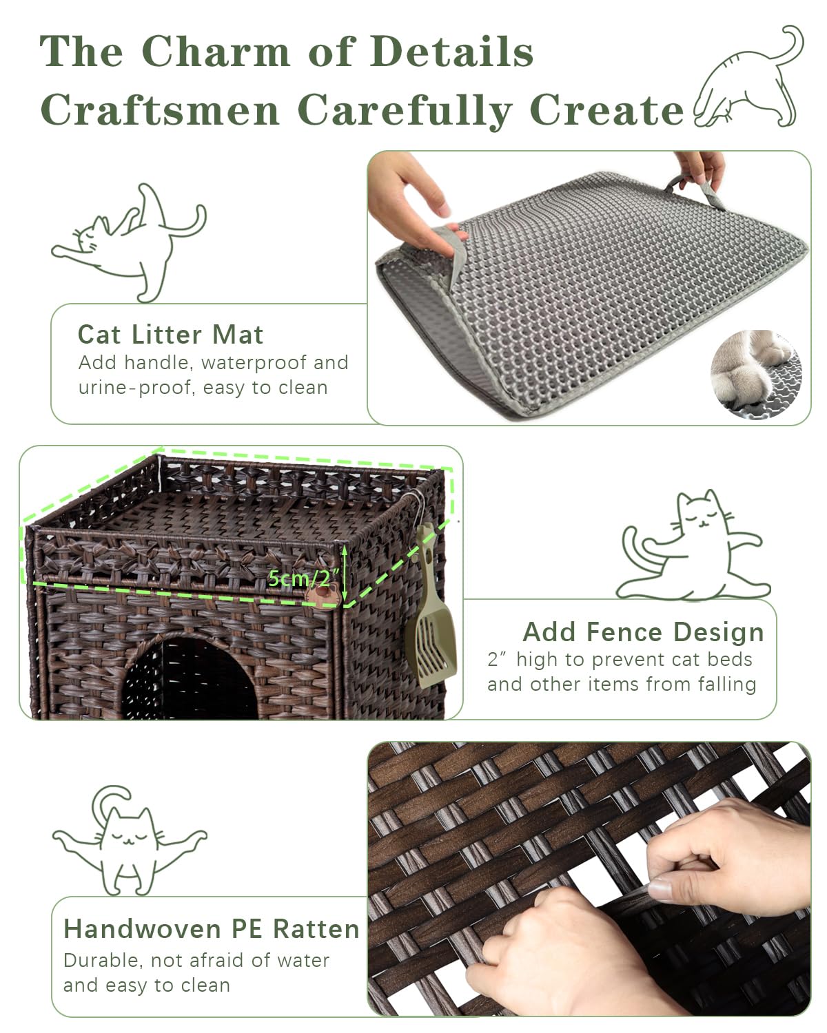 SETVSON Cat Litter Box Enclosure Cat Litter Box Furniture Hidden with Cat Litter Mat, Cat Litter Box Furniture with Two S-Shaped Hooks, Handwoven Rattan Cat House for Living Room, Bedroom, (Brown SETVSON