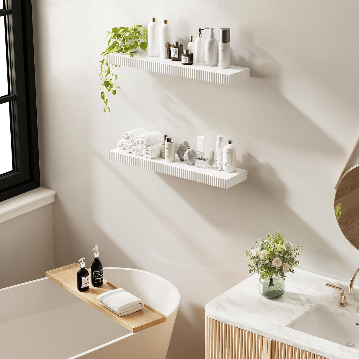 INNOD 24" Floating Shelves for Wall, Wall Mounted Wood Shelves for Bathroom, Bedroom, Living Room, Kitchen, Hanging Shelf with Invisible Brackets for Storage,Books,Home Decor (White,Set of 2) INNOD