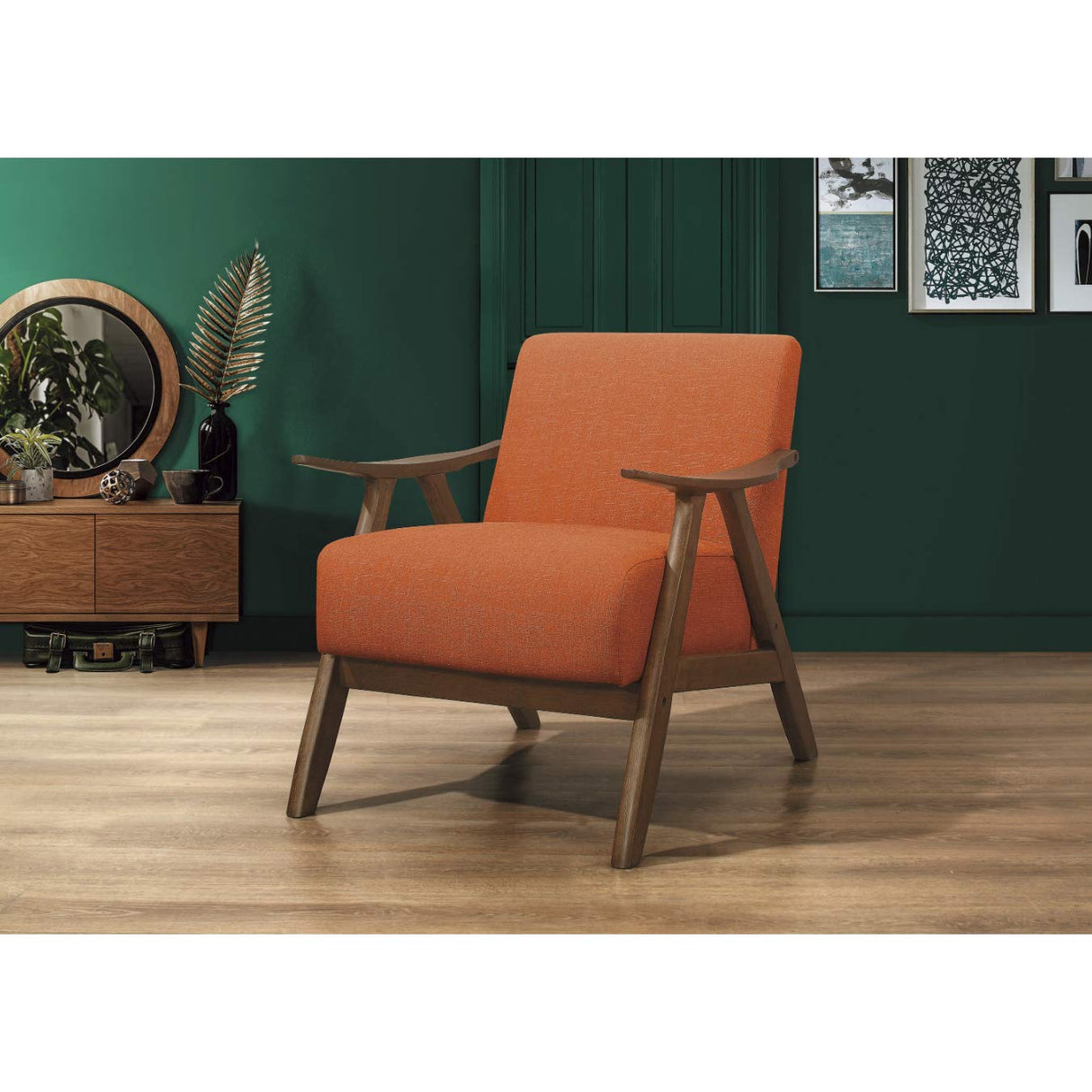 Lexicon Mid Century Modern Accent Chair with Solid Wood Frame in Walnut Finish, Upholstered Living Room Lounge Arm Chair, Thick and Comfy Innerspring Seat Cushion, Linen-Look Fabric, Orange Lexicon